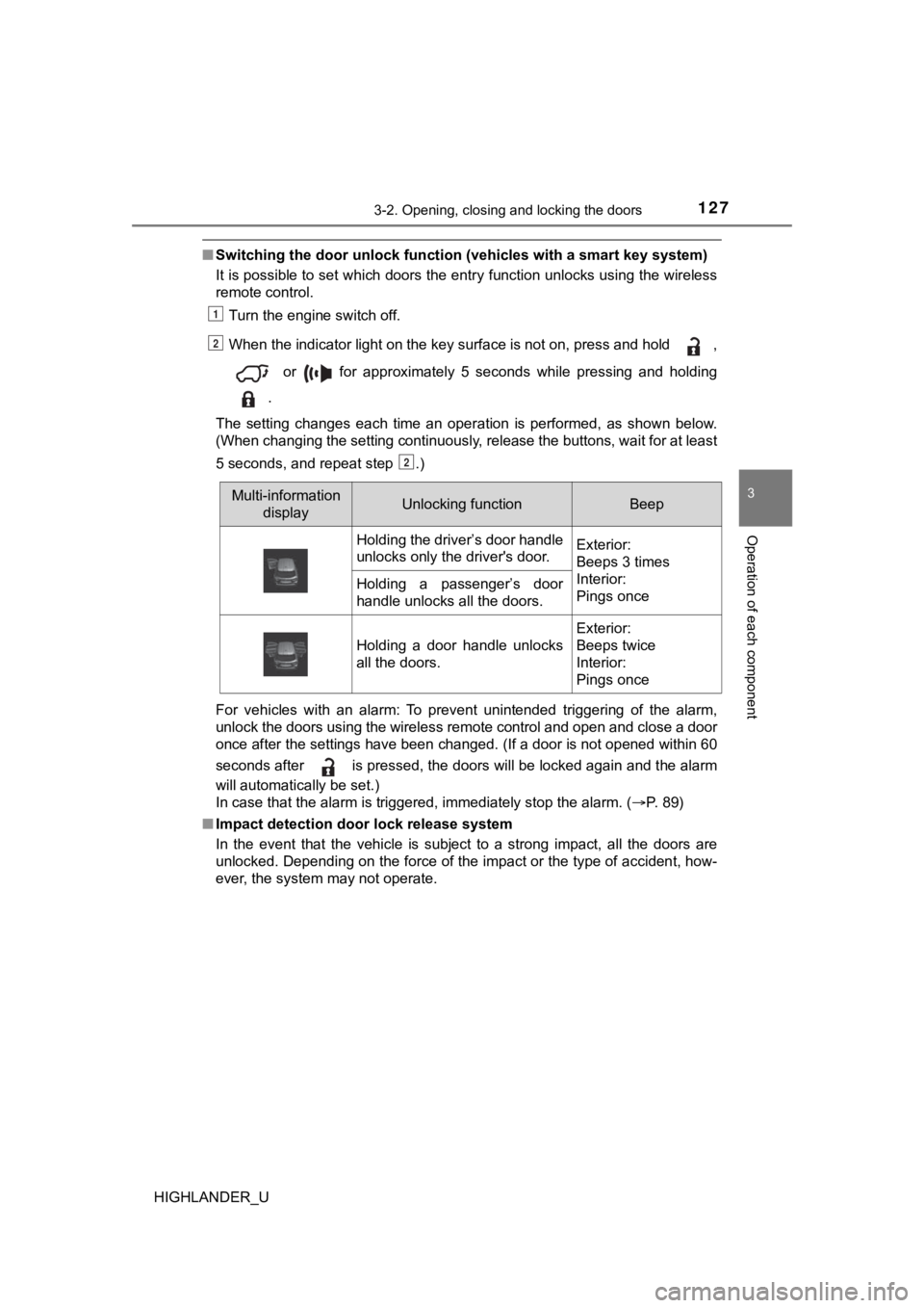 TOYOTA HIGHLANDER 2019 Owners Manual (in English) 1273-2. Opening, closing and locking the doors
3
Operation of each component
HIGHLANDER_U
■Switching the door unlock func tion (vehicles with a smart key system)
It is possible to set which doors th TOYOTA HIGHLANDER 2019 Owners Manual (in English) 1273-2. Opening, closing and locking the doors
3
Operation of each component
HIGHLANDER_U
■Switching the door unlock func tion (vehicles with a smart key system)
It is possible to set which doors th