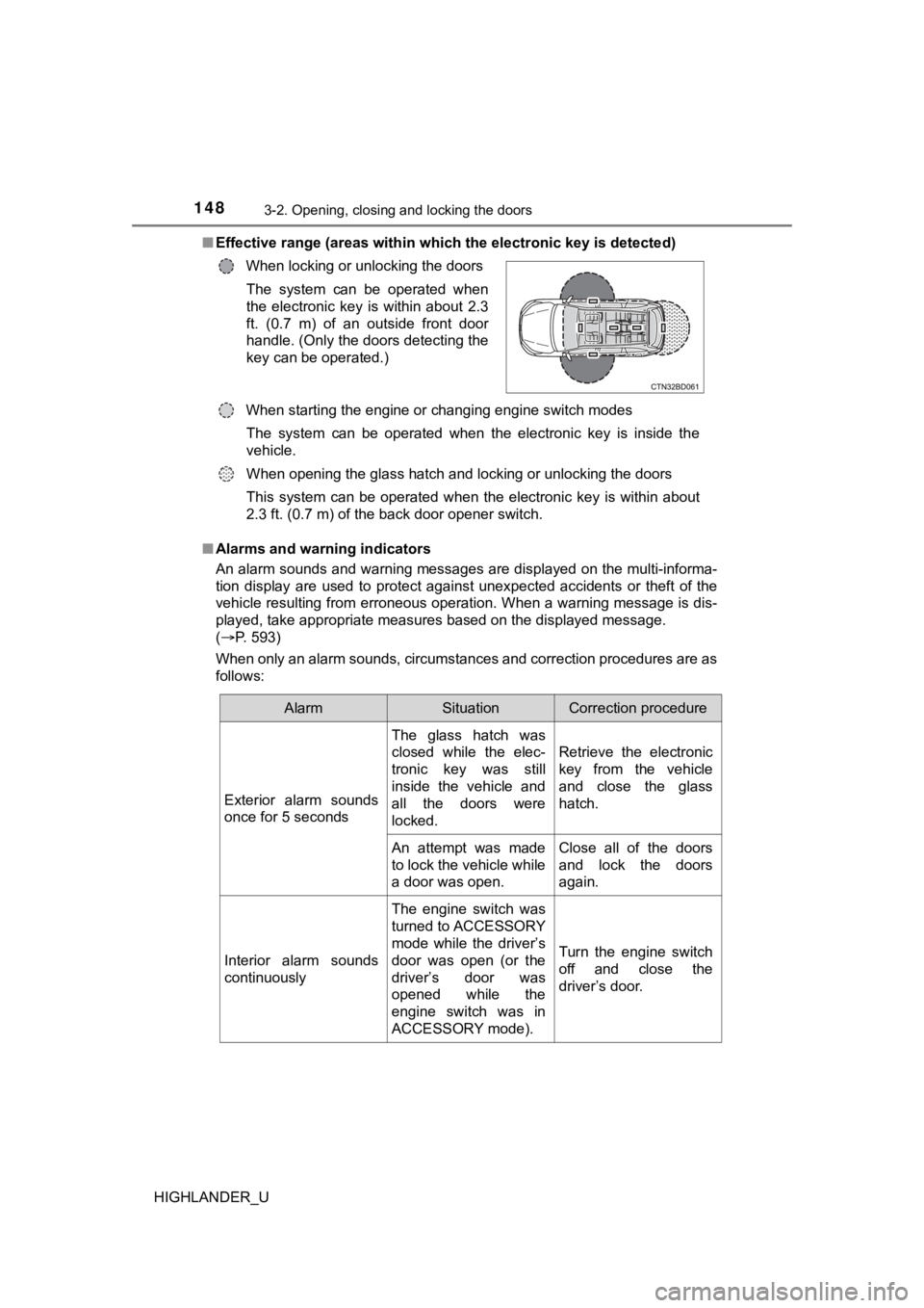 TOYOTA HIGHLANDER 2019  Owners Manual (in English) 1483-2. Opening, closing and locking the doors
HIGHLANDER_U■
Effective range (areas within wh ich the electronic key is detected)
■ Alarms and warning indicators
An alarm sounds and warning messag