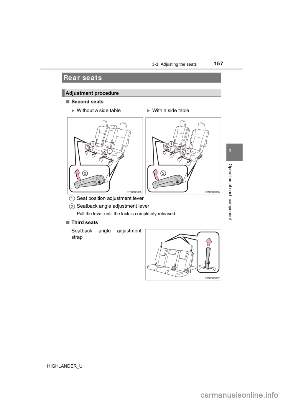 TOYOTA HIGHLANDER 2019  Owners Manual (in English) 1573-3. Adjusting the seats
3
Operation of each component
HIGHLANDER_U■
Second seats
■Third seats
Seatback  angle  adjustment
strap
Rear seats
Adjustment procedure
Without a side tableWith a