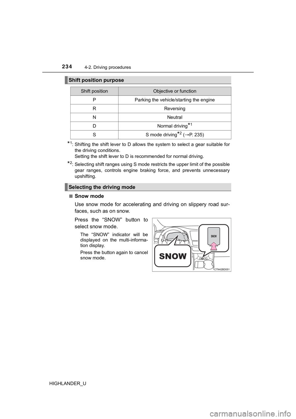 TOYOTA HIGHLANDER 2019 Owners Manual (in English) 2344-2. Driving procedures
HIGHLANDER_U
*1: Shifting the shift lever to D allows the system to select a gear suitable for
the driving conditions.
Setting the shift lever to D is recommen TOYOTA HIGHLANDER 2019 Owners Manual (in English) 2344-2. Driving procedures
HIGHLANDER_U
*1: Shifting the shift lever to D allows the system to select a gear suitable for
the driving conditions.
Setting the shift lever to D is recommen