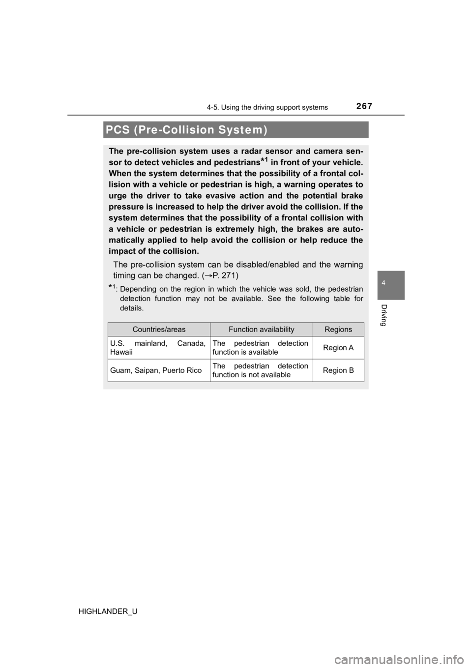 TOYOTA HIGHLANDER 2019  Owners Manual (in English) 2674-5. Using the driving support systems
4
Driving
HIGHLANDER_U
PCS (Pre-Collision System)
The  pre-collision  system  uses  a  radar  sensor  and  camera  sen-
sor to detect vehicles and pedestrians