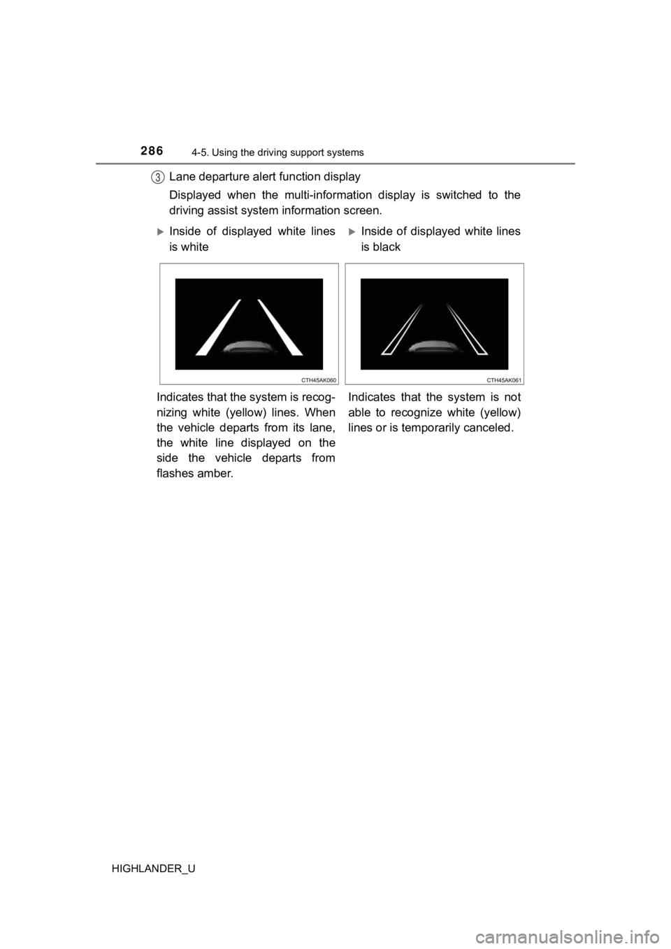 TOYOTA HIGHLANDER 2019  Owners Manual (in English) 2864-5. Using the driving support systems
HIGHLANDER_U
Lane departure alert  function display
Displayed  when  the  multi-informat ion  display  is  switched  to  the
driving assist system information