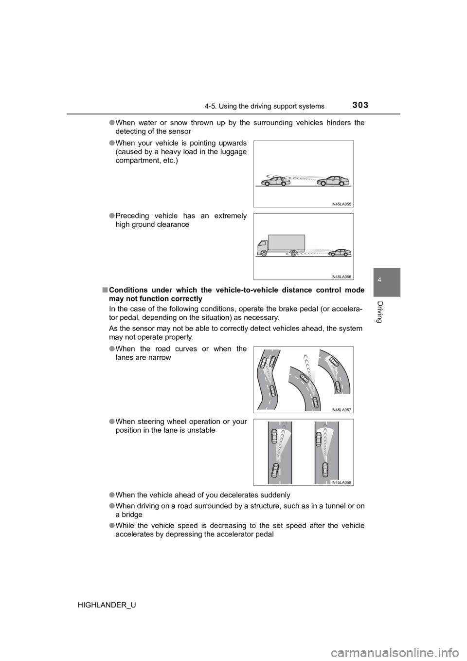 TOYOTA HIGHLANDER 2019 Owners Manual (in English) 3034-5. Using the driving support systems
4
Driving
HIGHLANDER_U●
When water or snow thrown up by the surrounding vehicles hinders the
detecting of the sensor
■ Conditions under which TOYOTA HIGHLANDER 2019 Owners Manual (in English) 3034-5. Using the driving support systems
4
Driving
HIGHLANDER_U●
When water or snow thrown up by the surrounding vehicles hinders the
detecting of the sensor
■ Conditions under which