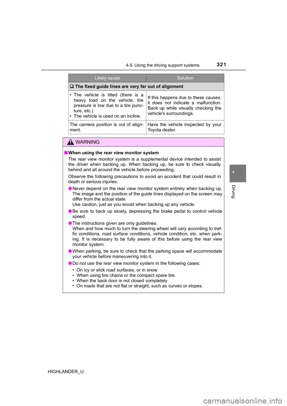 TOYOTA HIGHLANDER 2019  Owners Manual (in English) 3214-5. Using the driving support systems
4
Driving
HIGHLANDER_U
The fixed guide lines are very far out of alignment
• The  vehicle  is  tilted  (there  is  a
heavy  load  on  the  vehicle,  tire