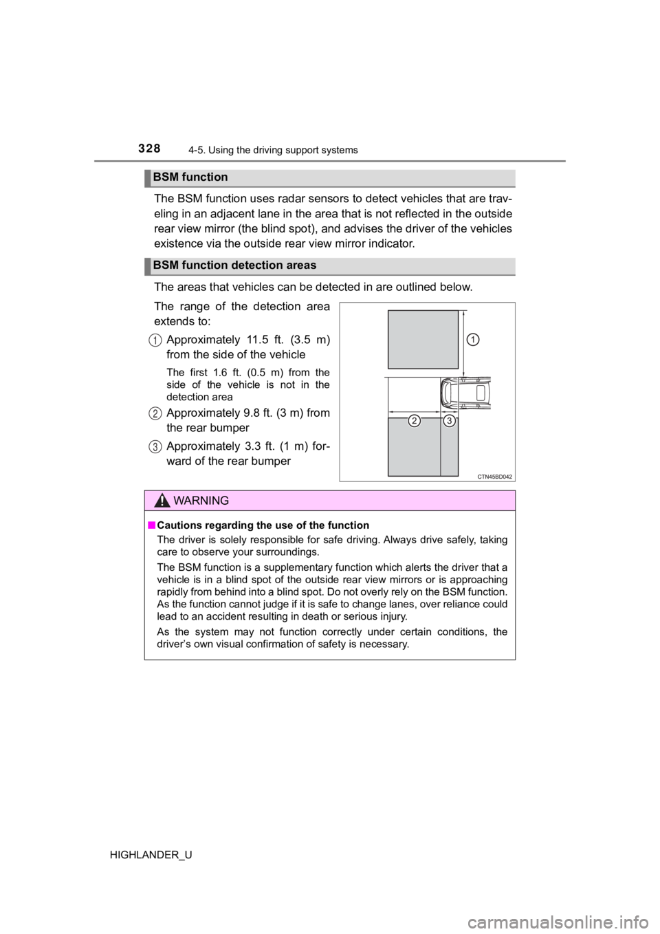 TOYOTA HIGHLANDER 2019  Owners Manual (in English) 3284-5. Using the driving support systems
HIGHLANDER_U
The BSM function uses radar sensors to detect vehicles that are  trav-
eling in an adjacent lane in the area that is not reflected in  the outsid