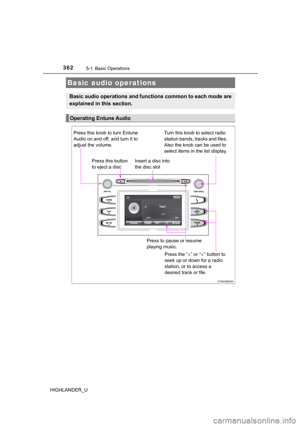 TOYOTA HIGHLANDER 2019  Owners Manual (in English) 3625-1. Basic Operations
HIGHLANDER_U
Basic audio operations
Basic audio operations and functions common to each mode are
explained in this section.
Operating Entune Audio
Press the “ ” or “
