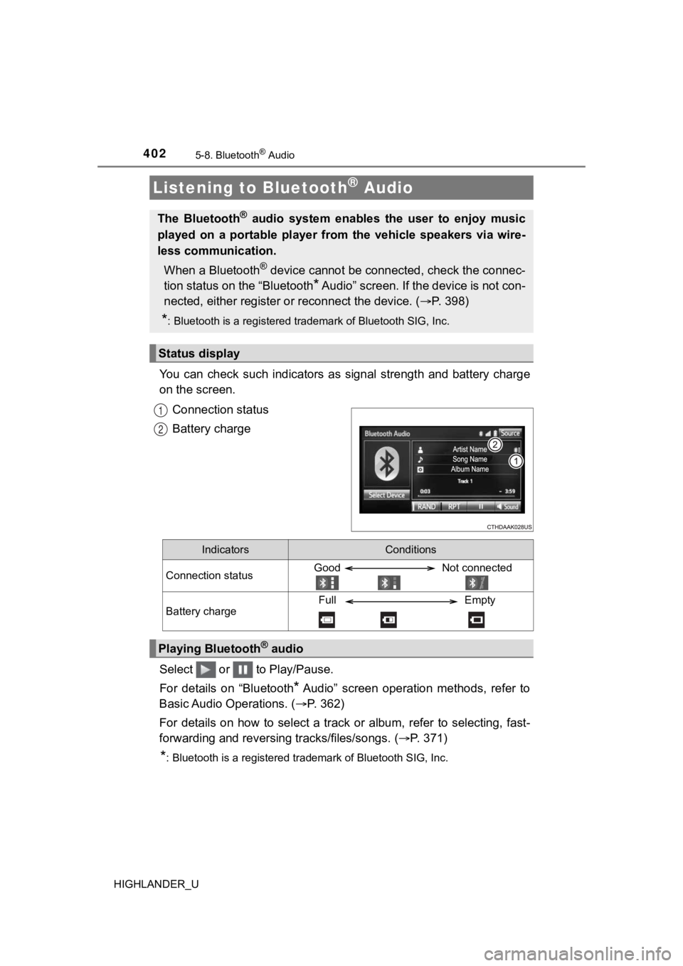 TOYOTA HIGHLANDER 2019  Owners Manual (in English) 402
HIGHLANDER_U
5-8. Bluetooth® Audio 
You  can  check  such  indicators  as  signal  strength  and  battery  charge
on the screen.
Connection status
Battery charge
Select   or   to Play/Pause.
For 