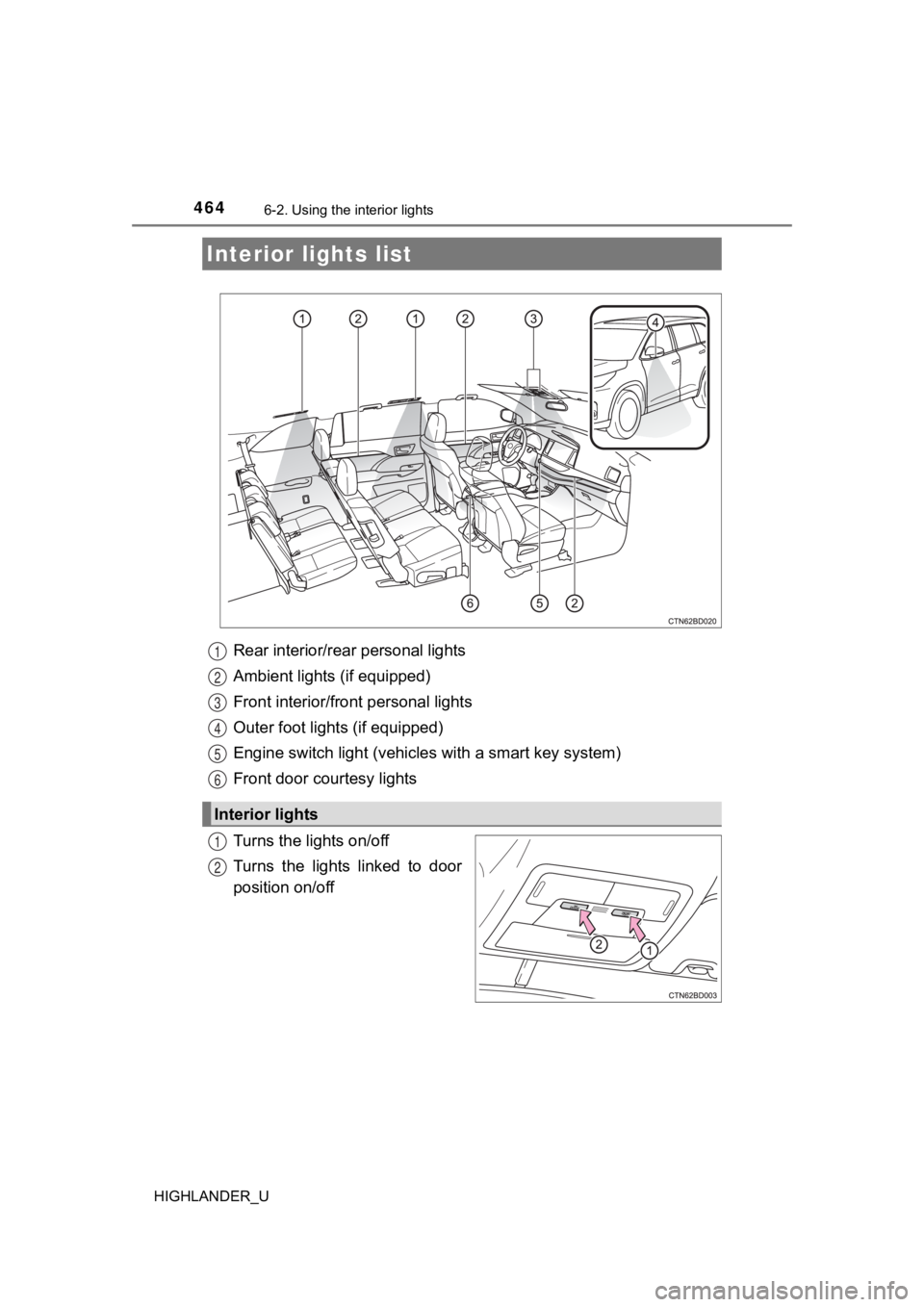TOYOTA HIGHLANDER 2019  Owners Manual (in English) 464
HIGHLANDER_U
6-2. Using the interior lights
Rear interior/rear personal lights
Ambient lights (if equipped)
Front interior/front personal lights
Outer foot lights (if equipped)
Engine switch light