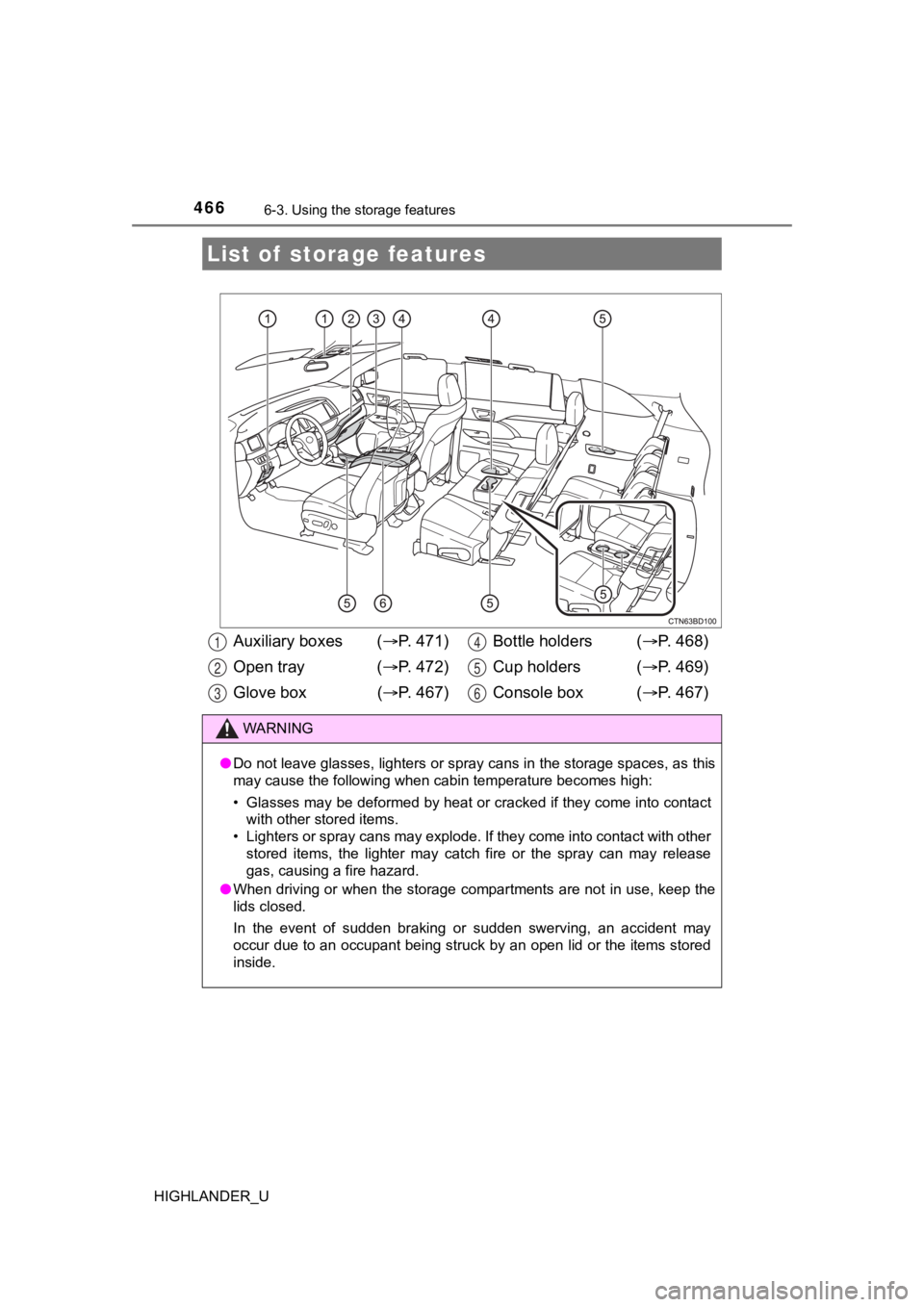 TOYOTA HIGHLANDER 2019  Owners Manual (in English) 466
HIGHLANDER_U
6-3. Using the storage features
List of  storage features
Auxiliary boxes ( P.   4 7 1 )
Open tray  ( P.   4 7 2 )
Glove box  ( P.   4 6 7 ) Bottle holders (
P. 468)
Cup h