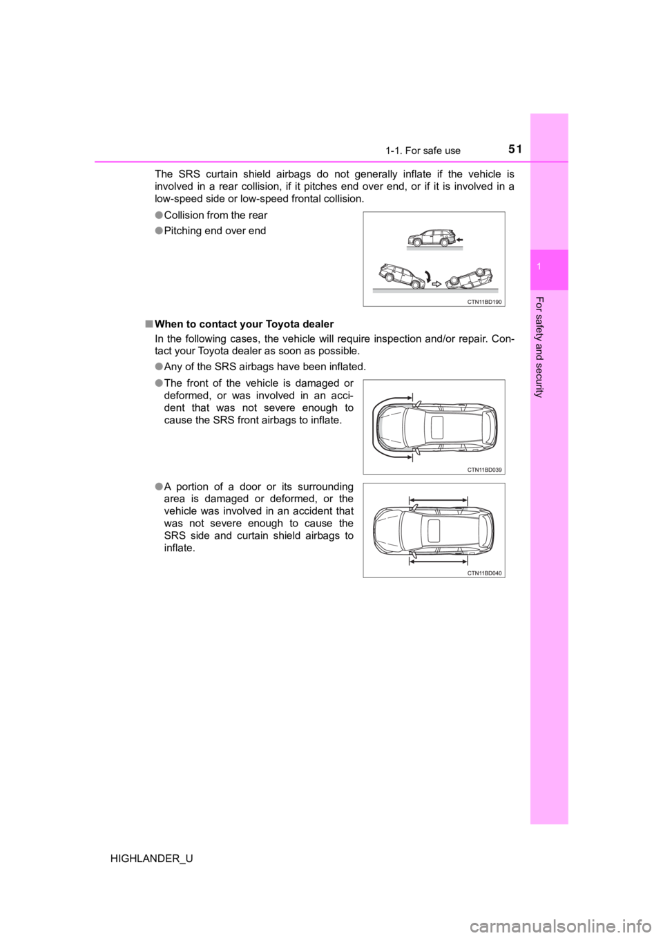 TOYOTA HIGHLANDER 2019 (in English) Workshop Manual 511-1. For safe use
1
For safety and security
HIGHLANDER_UThe SRS curtain shield airbags do not generally inflate if the
vehicle is
involved in a rear collision, if it pitches end TOYOTA HIGHLANDER 2019 (in English) Workshop Manual 511-1. For safe use
1
For safety and security
HIGHLANDER_UThe SRS curtain shield airbags do not generally inflate if the
vehicle is
involved in a rear collision, if it pitches end