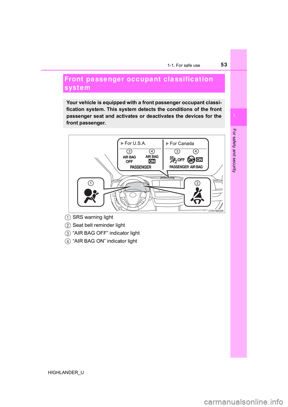 TOYOTA HIGHLANDER 2019 (in English) Workshop Manual 531-1. For safe use
1
For safety and security
HIGHLANDER_U
Front passenger occupant classification
system
Your vehicle is equipped with a front passenger occupant classi -
fication system. This sy TOYOTA HIGHLANDER 2019 (in English) Workshop Manual 531-1. For safe use
1
For safety and security
HIGHLANDER_U
Front passenger occupant classification
system
Your vehicle is equipped with a front passenger occupant classi -
fication system. This sy