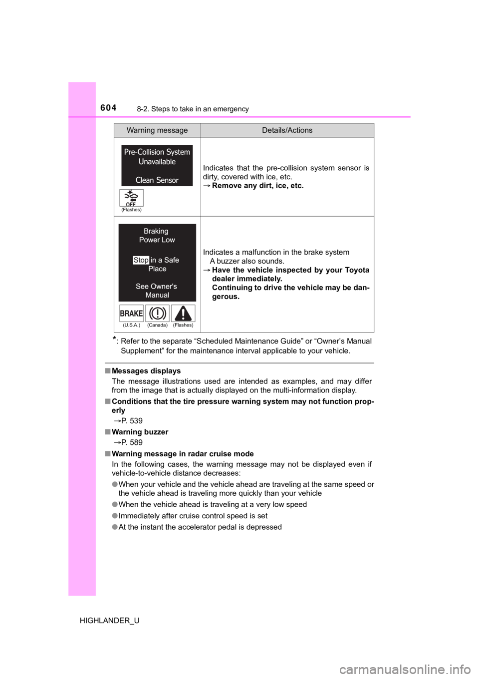 TOYOTA HIGHLANDER 2019  Owners Manual (in English) 6048-2. Steps to take in an emergency
HIGHLANDER_U
*: Refer to the separate “Scheduled Maintenance Guide” or “Owner’s Manual
Supplement” for the maintenance interval applicable to your veh i