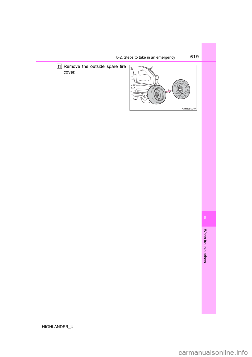 TOYOTA HIGHLANDER 2019  Owners Manual (in English) 6198-2. Steps to take in an emergency
8
When trouble arises
HIGHLANDER_U
Remove  the  outside  spare  tire
cover.11 