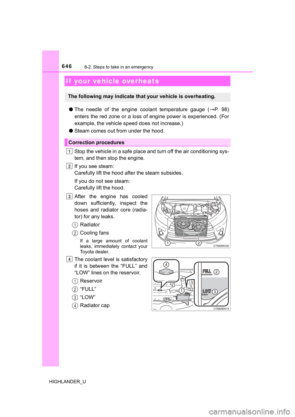 TOYOTA HIGHLANDER 2019  Owners Manual (in English) 6468-2. Steps to take in an emergency
HIGHLANDER_U
●The  needle  of  the  engine  coolant  temperature  gauge  ( P.   9 8 )
enters the red zone or a loss of engine power is experienced. ( For
exa