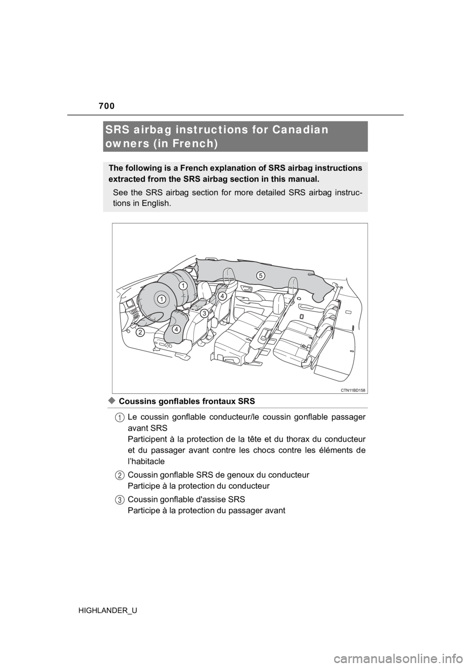 TOYOTA HIGHLANDER 2019 Owners Manual (in English) 700
HIGHLANDER_U
◆Coussins gonflables frontaux SRSLe coussin gonflable conducteur/le coussin gonflable passager
avant SRS
Participent à la protection de la tête et du thorax du co TOYOTA HIGHLANDER 2019 Owners Manual (in English) 700
HIGHLANDER_U
◆Coussins gonflables frontaux SRSLe coussin gonflable conducteur/le coussin gonflable passager
avant SRS
Participent à la protection de la tête et du thorax du co