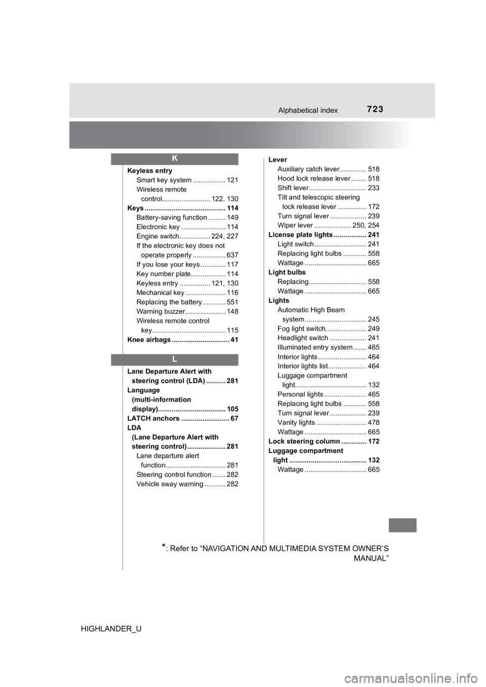 TOYOTA HIGHLANDER 2019 Owners Manual (in English) 723Alphabetical index
HIGHLANDER_U
Keyless entrySmart key system ................. 121
Wireless remote
control......................... 122, 130
Keys .......................................... 114
Ba TOYOTA HIGHLANDER 2019 Owners Manual (in English) 723Alphabetical index
HIGHLANDER_U
Keyless entrySmart key system ................. 121
Wireless remote
control......................... 122, 130
Keys .......................................... 114
Ba