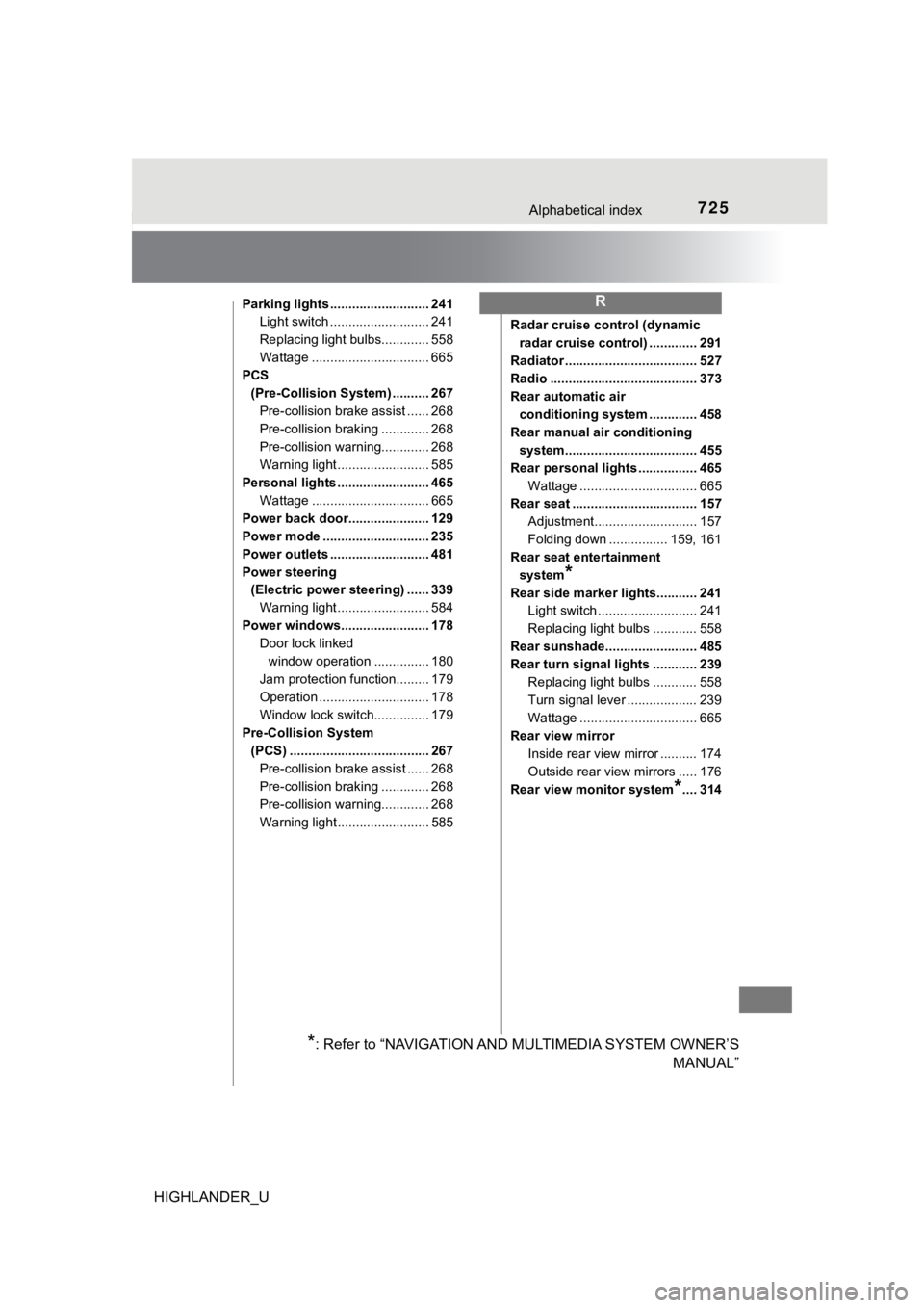 TOYOTA HIGHLANDER 2019 Owners Manual (in English) 725Alphabetical index
HIGHLANDER_U
Parking lights ........................... 241Light switch ........................... 241
Replacing light bulbs............. 558
Wattage ........................... TOYOTA HIGHLANDER 2019 Owners Manual (in English) 725Alphabetical index
HIGHLANDER_U
Parking lights ........................... 241Light switch ........................... 241
Replacing light bulbs............. 558
Wattage ...........................