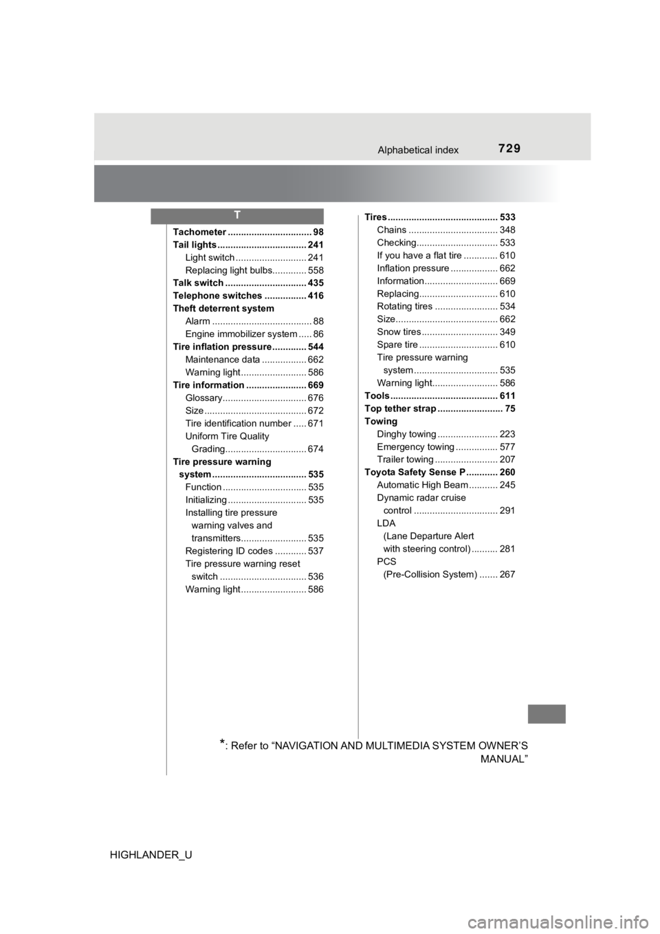 TOYOTA HIGHLANDER 2019 Owners Manual (in English) 729Alphabetical index
HIGHLANDER_U
Tachometer ................................ 98
Tail lights .................................. 241Light switch ........................... 241
Replacing light bulbs.. TOYOTA HIGHLANDER 2019 Owners Manual (in English) 729Alphabetical index
HIGHLANDER_U
Tachometer ................................ 98
Tail lights .................................. 241Light switch ........................... 241
Replacing light bulbs..