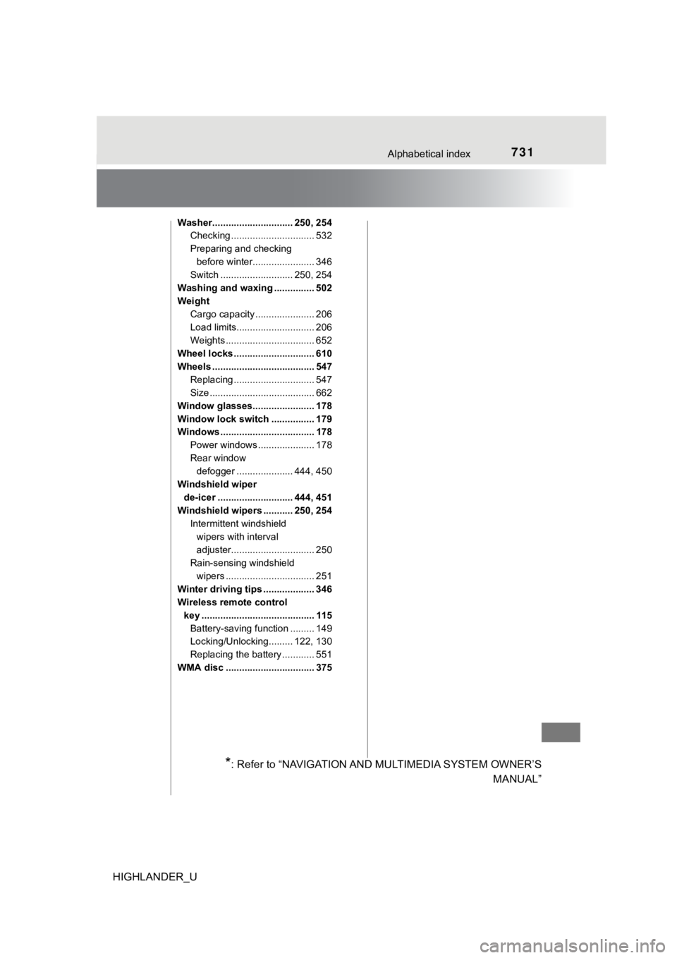 TOYOTA HIGHLANDER 2019 Owners Manual (in English) 731Alphabetical index
HIGHLANDER_U
Washer.............................. 250, 254Checking ............................... 532
Preparing and checking
before winter....................... 346
Switch ... TOYOTA HIGHLANDER 2019 Owners Manual (in English) 731Alphabetical index
HIGHLANDER_U
Washer.............................. 250, 254Checking ............................... 532
Preparing and checking
before winter....................... 346
Switch ...