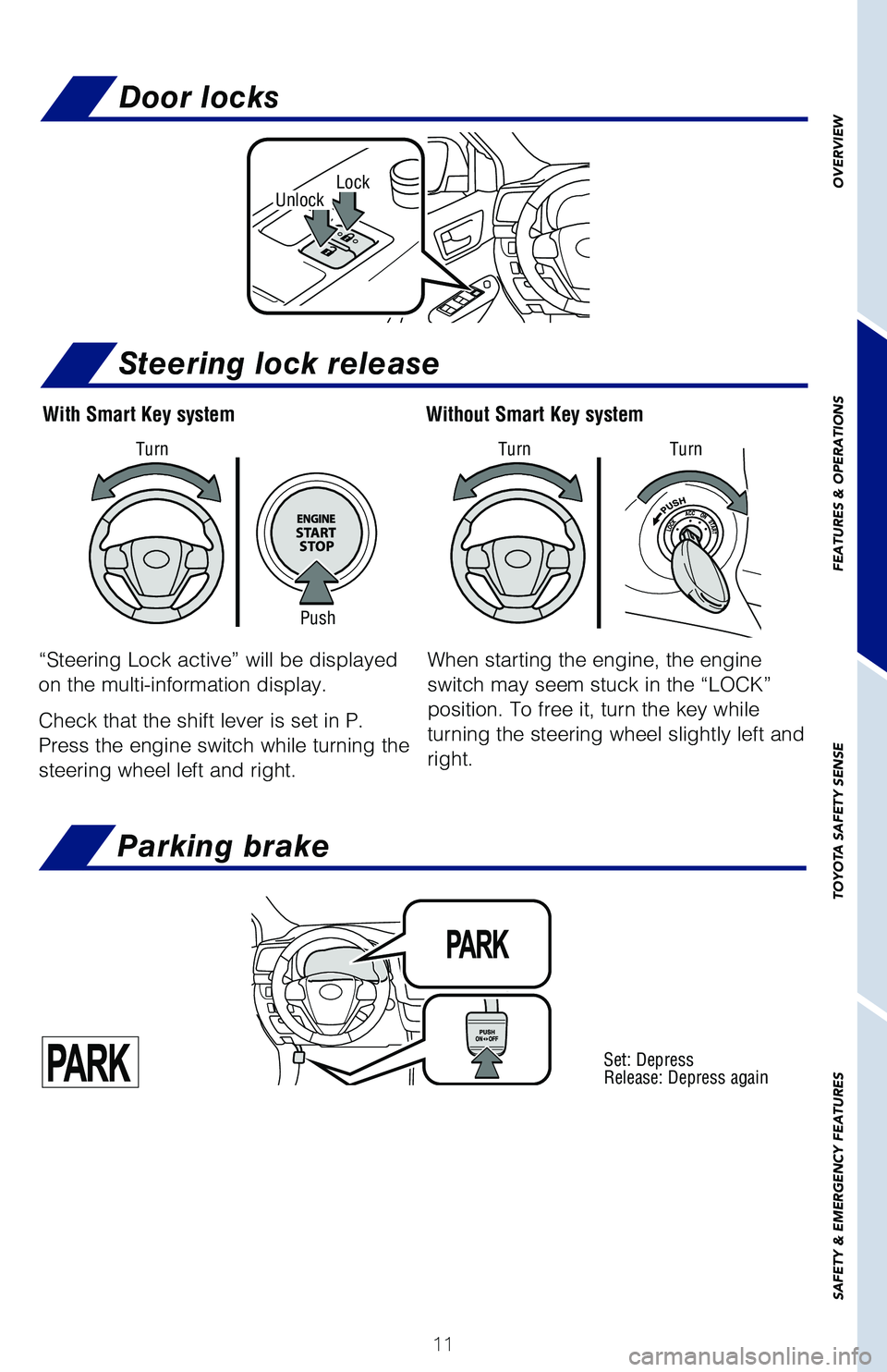 TOYOTA HIGHLANDER 2019   (in English) User Guide 11
OVERVIEW
FEATURES & OPERATIONS
TOYOTA SAFETY SENSE
SAFETY & EMERGENCY FEATURESLockUnlock
With Smart Key system Without Smart Key system
PushTurn
Turn
Turn
Set: Depress
Release: Depress again
“Ste