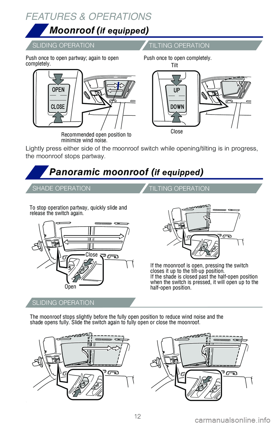 TOYOTA HIGHLANDER 2019 (in English) User Guide 12
SHADE OPERATIONTILTING OPERATION
Moonroof (if equipped)
Panoramic moonroof (if equipped)
FEATURES & OPERATIONS
Tilt
Close
Recommended open position to
minimize wind noise.
If the moonroof is open, TOYOTA HIGHLANDER 2019 (in English) User Guide 12
SHADE OPERATIONTILTING OPERATION
Moonroof (if equipped)
Panoramic moonroof (if equipped)
FEATURES & OPERATIONS
Tilt
Close
Recommended open position to
minimize wind noise.
If the moonroof is open,