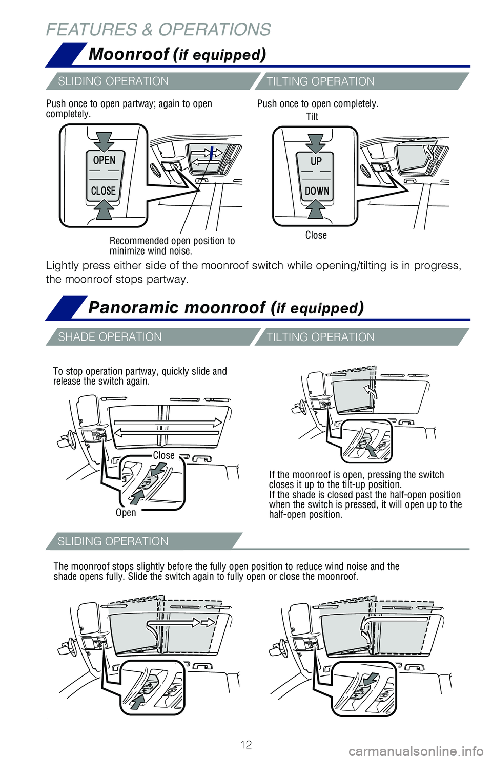 TOYOTA HIGHLANDER 2019   (in English) User Guide 12
SHADE OPERATIONTILTING OPERATION
Moonroof (if equipped)
Panoramic moonroof (if equipped)
FEATURES & OPERATIONS
Tilt
Close
Recommended open position to 
minimize wind noise.
If the moonroof is open,