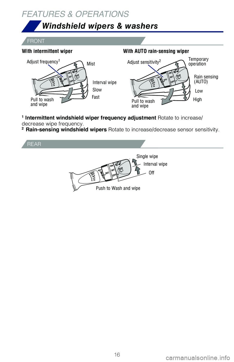TOYOTA HIGHLANDER 2019 (in English) User Guide 16
Single wipeInterval wipe
Off
Push to Wash and wipe
1 Intermittent windshield wiper frequency adjustment Rotate to increase/
decrease wipe frequency.
2 Rain-sensing windshield wipers Rotate to inc TOYOTA HIGHLANDER 2019 (in English) User Guide 16
Single wipeInterval wipe
Off
Push to Wash and wipe
1 Intermittent windshield wiper frequency adjustment Rotate to increase/
decrease wipe frequency.
2 Rain-sensing windshield wipers Rotate to inc
