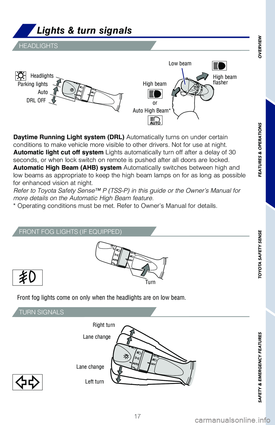 TOYOTA HIGHLANDER 2019  Owners Manual (in English) 17
OVERVIEW
FEATURES & OPERATIONS
TOYOTA SAFETY SENSE
SAFETY & EMERGENCY FEATURES
Front fog lights come on only when the headlights are on low beam.
Daytime Running Light system (DRL)  Automatically t