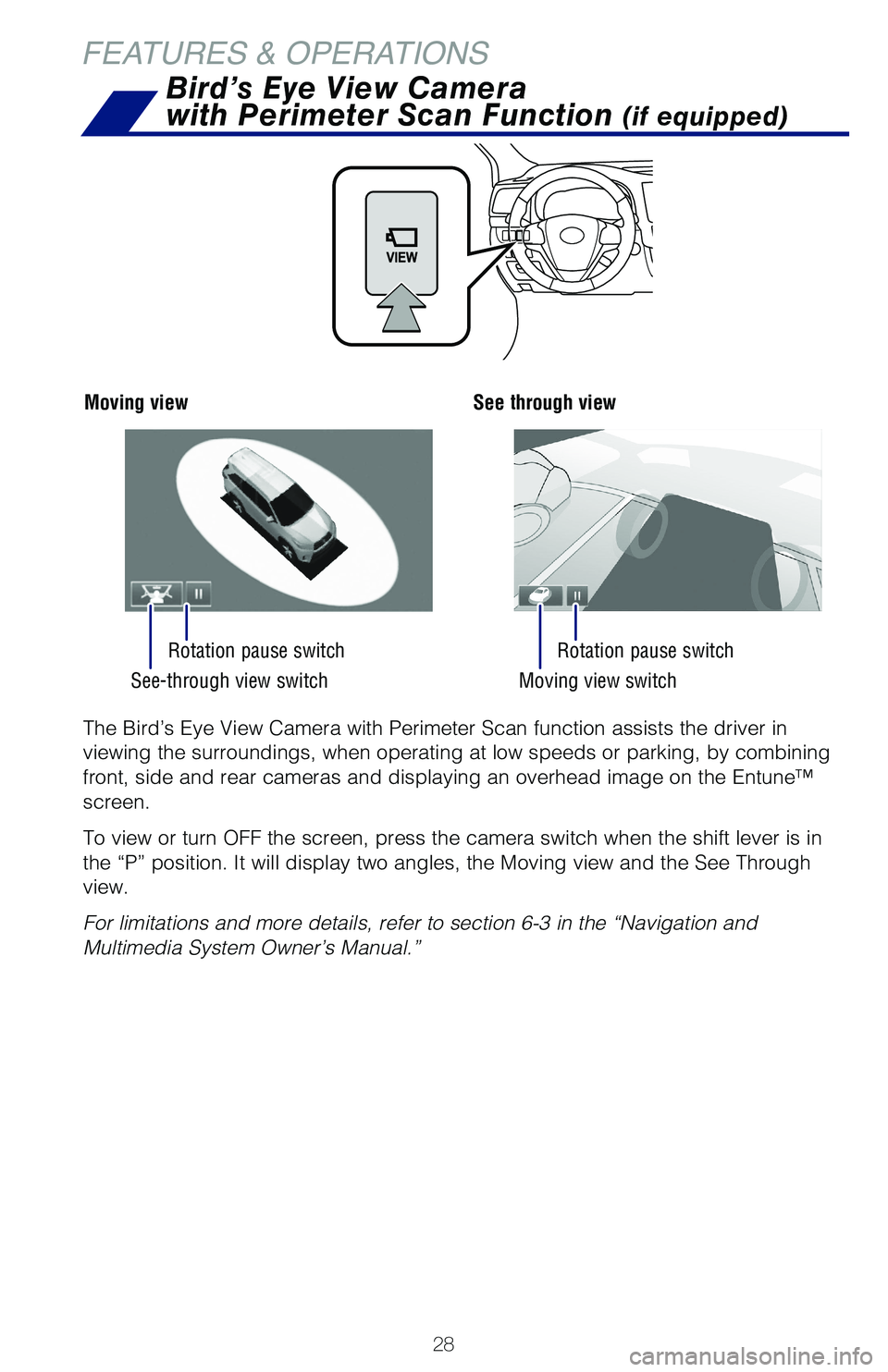 TOYOTA HIGHLANDER 2019   (in English) Owners Manual 28
FEATURES & OPERATIONS
See-through view switchMoving view switch
Rotation pause switch
Rotation pause switch
The Bird’s Eye View Camera with Perimeter Scan function assists the d\�river in 
view