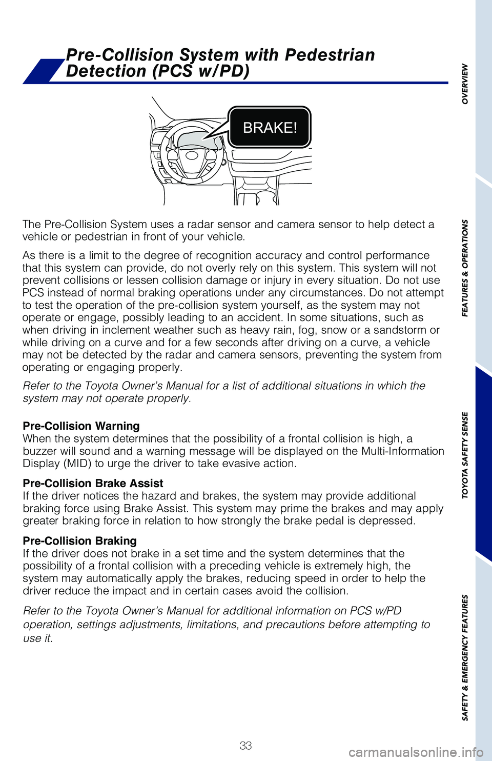 TOYOTA HIGHLANDER 2019 (in English) Owners Guide 33
OVERVIEW
FEATURES & OPERATIONS
TOYOTA SAFETY SENSE
SAFETY & EMERGENCY FEATURES
The Pre-Collision System uses a radar sensor and camera sensor to help d\�etect a
vehicle or pedestrian in front of TOYOTA HIGHLANDER 2019 (in English) Owners Guide 33
OVERVIEW
FEATURES & OPERATIONS
TOYOTA SAFETY SENSE
SAFETY & EMERGENCY FEATURES
The Pre-Collision System uses a radar sensor and camera sensor to help d\�etect a
vehicle or pedestrian in front of