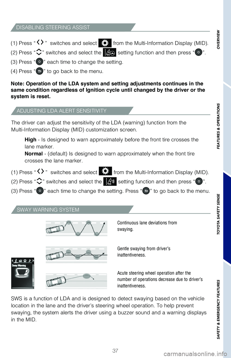 TOYOTA HIGHLANDER 2019 (in English) Owners Guide 37
OVERVIEW
FEATURES & OPERATIONS
TOYOTA SAFETY SENSE
SAFETY & EMERGENCY FEATURES(1) Press “” switches and select from the Multi-Information Display (MID).
(2) Press “
” switches and selec TOYOTA HIGHLANDER 2019 (in English) Owners Guide 37
OVERVIEW
FEATURES & OPERATIONS
TOYOTA SAFETY SENSE
SAFETY & EMERGENCY FEATURES(1) Press “” switches and select from the Multi-Information Display (MID).
(2) Press “
” switches and selec