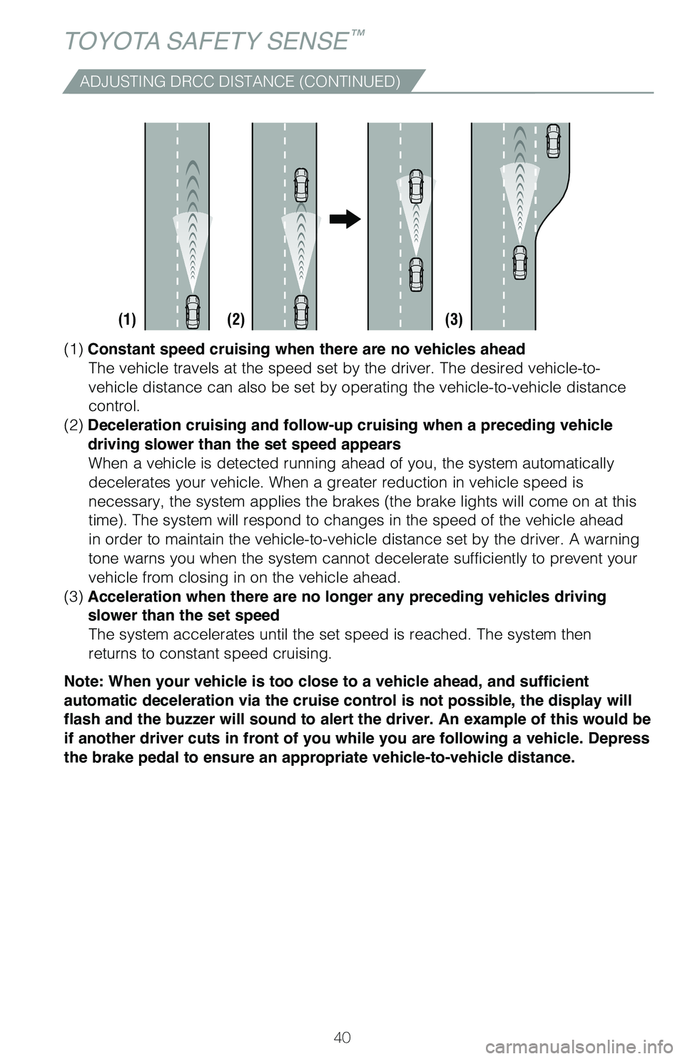 TOYOTA HIGHLANDER 2019 (in English) Service Manual 40
TOYOTA SAFETY SENSE™
(1) Constant speed cruising when there are no vehicles ahead
The vehicle travels at the speed set by the driver. The desired vehicle-\�to-
vehicle distance can also be TOYOTA HIGHLANDER 2019 (in English) Service Manual 40
TOYOTA SAFETY SENSE™
(1) Constant speed cruising when there are no vehicles ahead
The vehicle travels at the speed set by the driver. The desired vehicle-\�to-
vehicle distance can also be