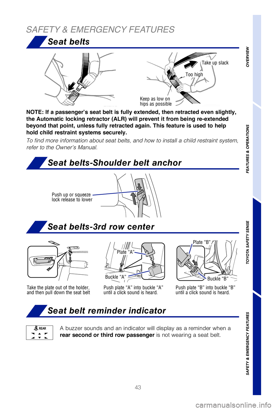 TOYOTA HIGHLANDER 2019   (in English) Service Manual 43
OVERVIEW
FEATURES & OPERATIONS
TOYOTA SAFETY SENSE
SAFETY & EMERGENCY FEATURES
SAFETY & EMERGENCY FEATURES
Push up or squeeze  
lock release to lower
Seat belts
Seat belts-3rd row center
Seat belt 