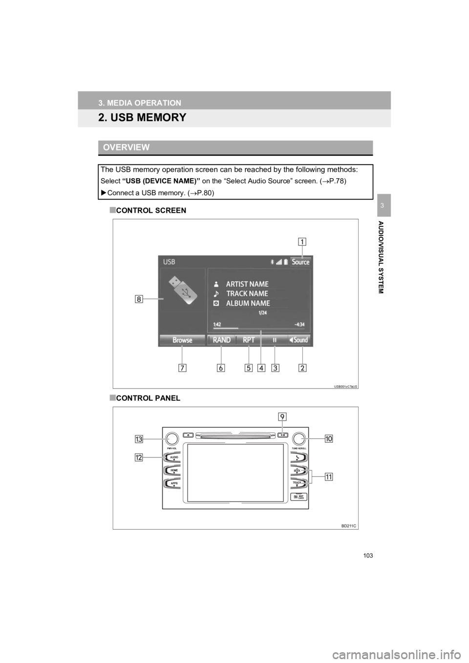 TOYOTA HIGHLANDER 2019  Accessories, Audio & Navigation (in English) 103
3. MEDIA OPERATION
HIGHLANDER_Navi_U
AUDIO/VISUAL SYSTEM
3
2. USB MEMORY
■CONTROL SCREEN
■CONTROL PANEL
OVERVIEW
The USB memory operation screen can be reached by the following methods:
Select