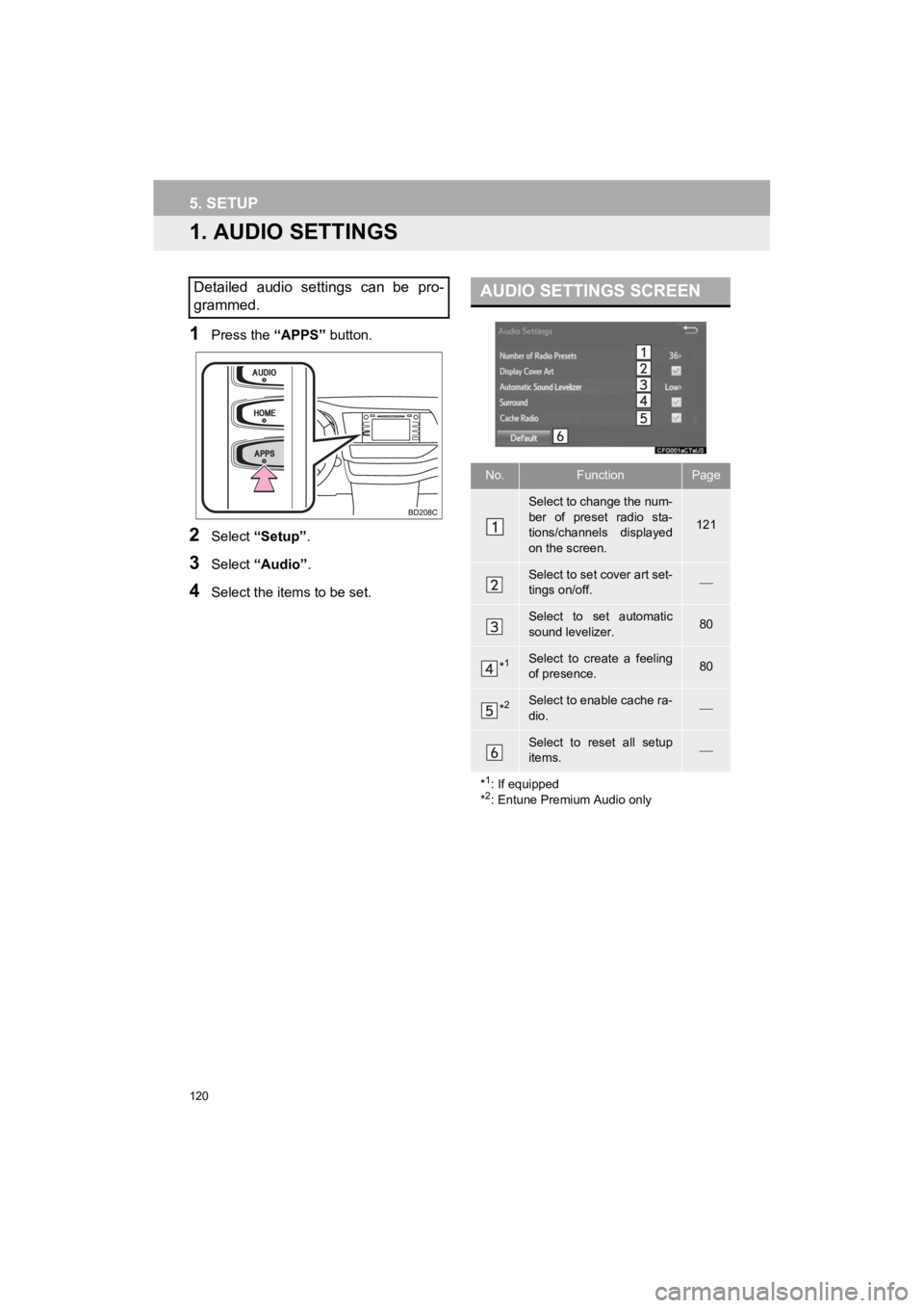 TOYOTA HIGHLANDER 2019  Accessories, Audio & Navigation (in English) 120
HIGHLANDER_Navi_U
5. SETUP
1. AUDIO SETTINGS
1Press the “APPS” button.
2Select “Setup” .
3Select “Audio” .
4Select the items to be set.
Detailed  audio  settings  can  be  pro-
grammed