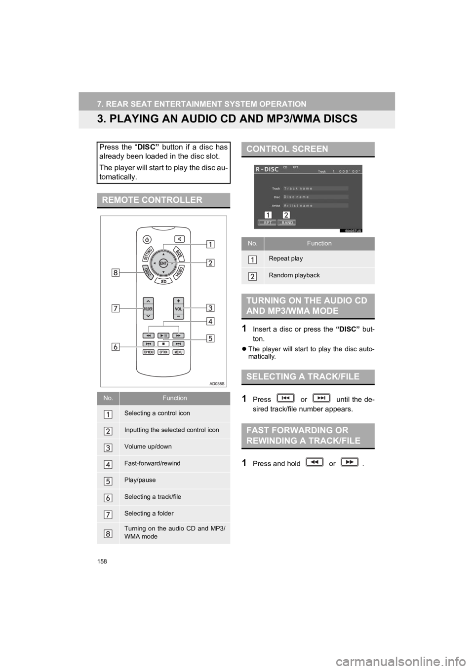 TOYOTA HIGHLANDER 2019 Accessories, Audio & Navigation (in English) 158
7. REAR SEAT ENTERTAINMENT SYSTEM OPERATION
HIGHLANDER_Navi_U
3. PLAYING AN AUDIO CD AND MP3/WMA DISCS
1Insert a disc or press the “DISC” but-
ton.
The player will start to pla TOYOTA HIGHLANDER 2019 Accessories, Audio & Navigation (in English) 158
7. REAR SEAT ENTERTAINMENT SYSTEM OPERATION
HIGHLANDER_Navi_U
3. PLAYING AN AUDIO CD AND MP3/WMA DISCS
1Insert a disc or press the “DISC” but-
ton.
The player will start to pla