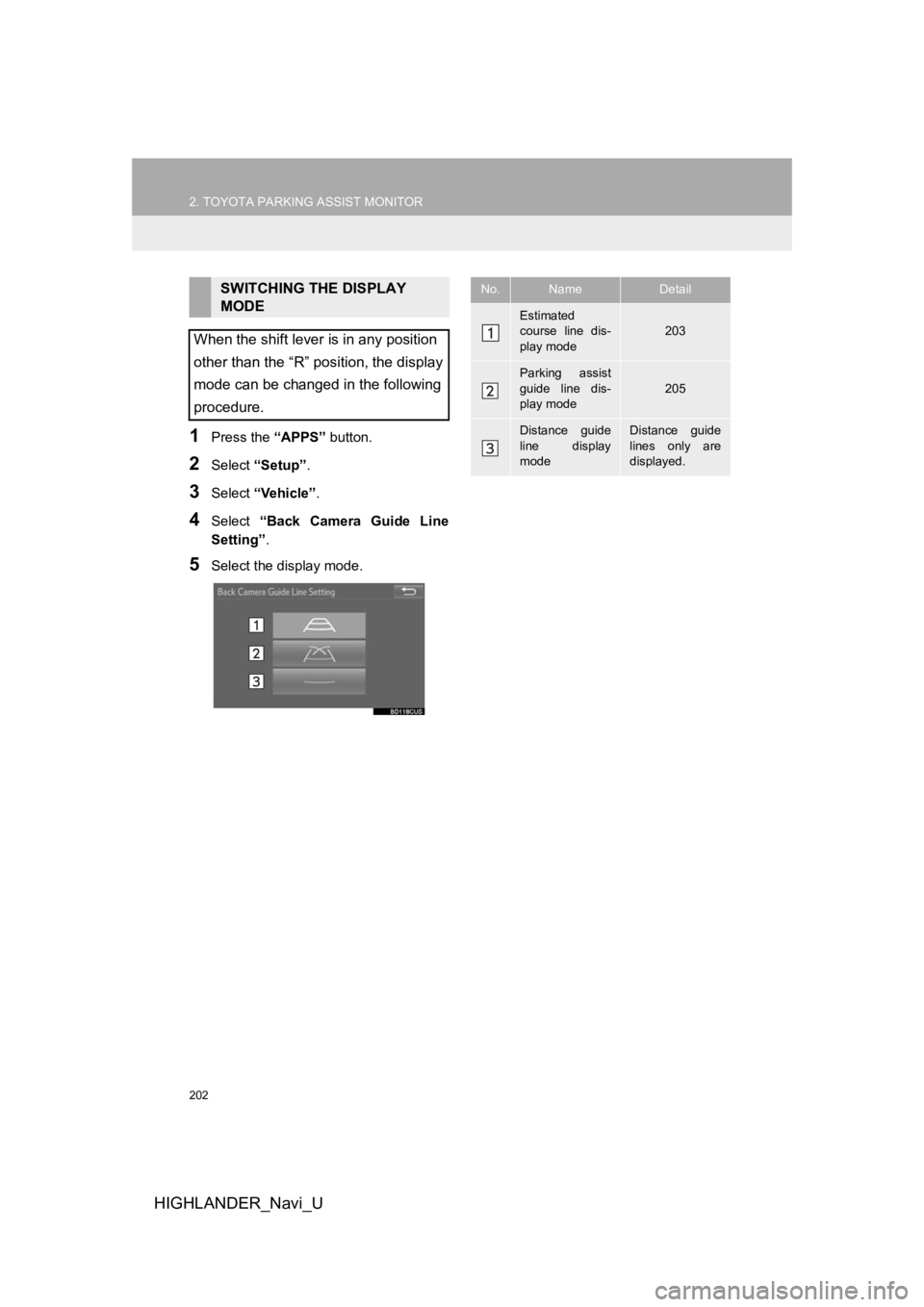 TOYOTA HIGHLANDER 2019 Accessories, Audio & Navigation (in English) 202
2. TOYOTA PARKING ASSIST MONITOR
HIGHLANDER_Navi_U
1Press the “APPS” button.
2Select “Setup” .
3Select “Vehicle” .
4Select “Back Camera Guide Line
Setting”.
5Select the display TOYOTA HIGHLANDER 2019 Accessories, Audio & Navigation (in English) 202
2. TOYOTA PARKING ASSIST MONITOR
HIGHLANDER_Navi_U
1Press the “APPS” button.
2Select “Setup” .
3Select “Vehicle” .
4Select “Back Camera Guide Line
Setting”.
5Select the display