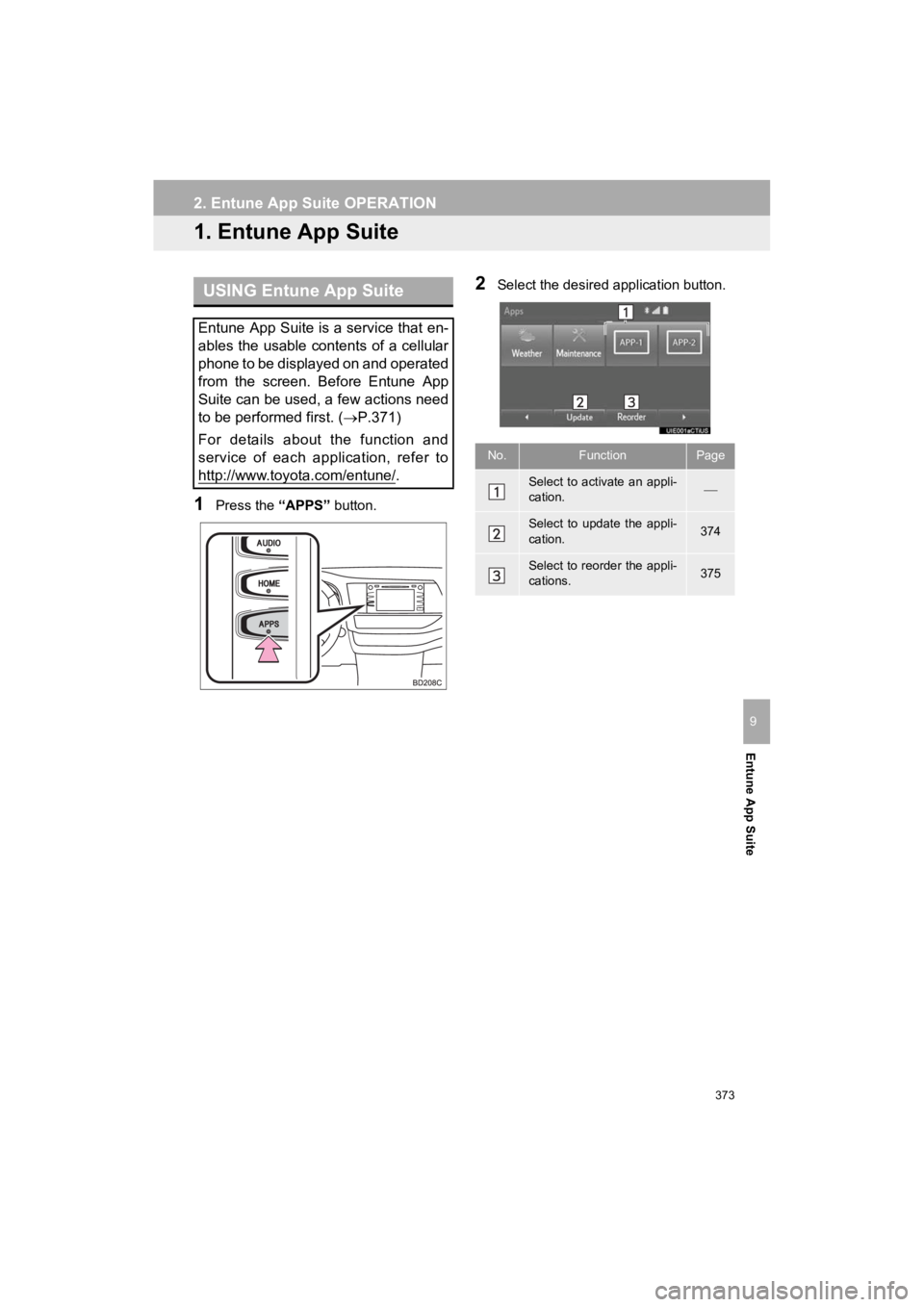 TOYOTA HIGHLANDER 2019 Accessories, Audio & Navigation (in English) 373
HIGHLANDER_Navi_U
Entune App Suite
9
2. Entune App Suite OPERATION
1. Entune App Suite
1Press the “APPS” button.
2Select the desired application button.USING Entune App Suite
Entune App Suite TOYOTA HIGHLANDER 2019 Accessories, Audio & Navigation (in English) 373
HIGHLANDER_Navi_U
Entune App Suite
9
2. Entune App Suite OPERATION
1. Entune App Suite
1Press the “APPS” button.
2Select the desired application button.USING Entune App Suite
Entune App Suite