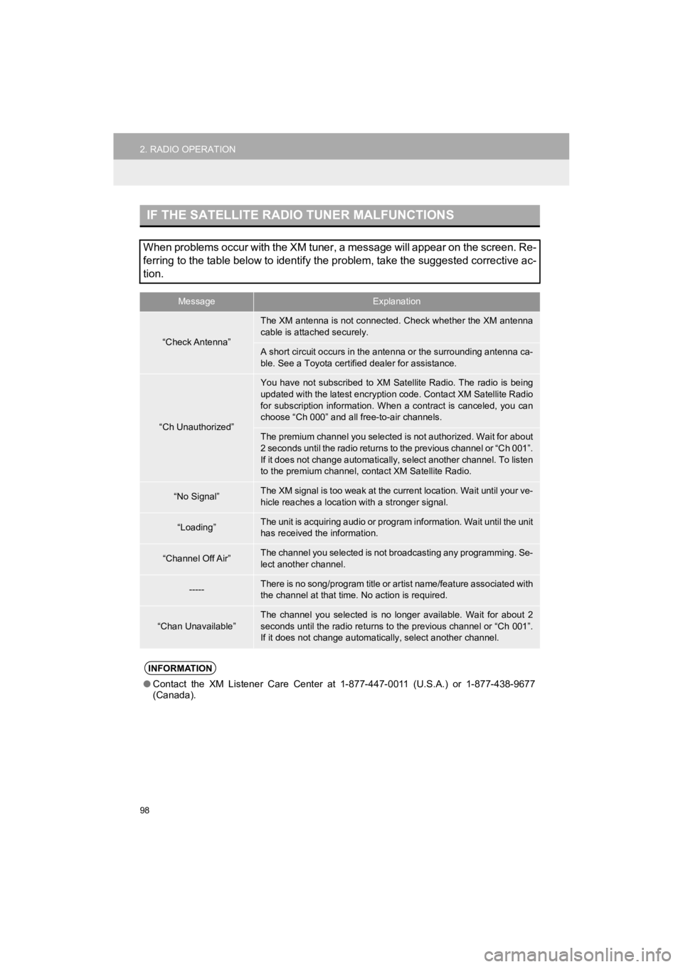 TOYOTA HIGHLANDER 2019  Accessories, Audio & Navigation (in English) 98
2. RADIO OPERATION
HIGHLANDER_Navi_U
IF THE SATELLITE RADIO TUNER MALFUNCTIONS
When problems occur with the XM tuner, a message will appear on the screen. Re-
ferring to the table below to identify