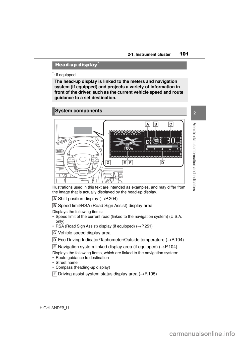 TOYOTA HIGHLANDER 2020   (in English) User Guide 1012-1. Instrument cluster
HIGHLANDER_U
2
Vehicle status information and indicators
*: If equipped
Illustrations used in this text are in tended as examples, and may differ from 
the image that is act