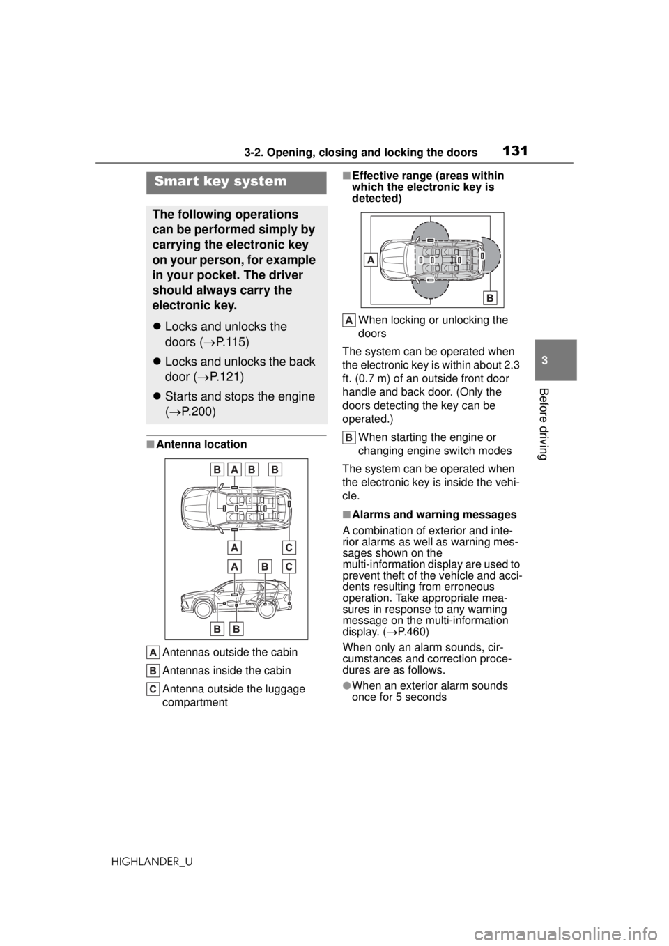 TOYOTA HIGHLANDER 2020 Owners Manual (in English) 1313-2. Opening, closing and locking the doors
HIGHLANDER_U
3
Before driving
■Antenna location Antennas outside the cabin
Antennas inside the cabin
Antenna outside the luggage
compartment
■Effect TOYOTA HIGHLANDER 2020 Owners Manual (in English) 1313-2. Opening, closing and locking the doors
HIGHLANDER_U
3
Before driving
■Antenna location Antennas outside the cabin
Antennas inside the cabin
Antenna outside the luggage
compartment
■Effect