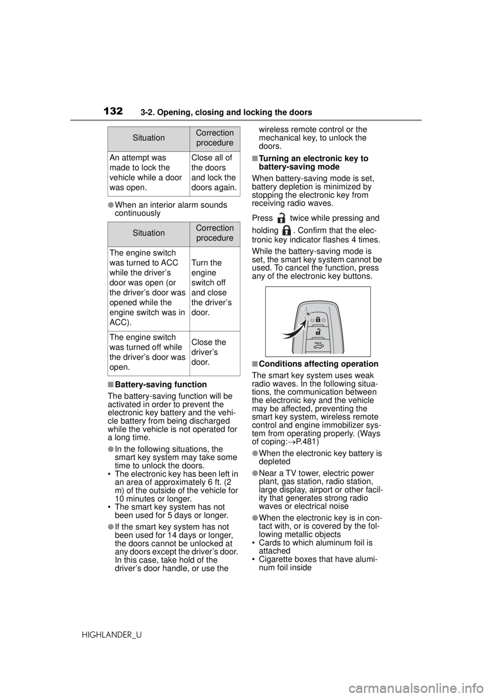 TOYOTA HIGHLANDER 2020 Owners Manual (in English) 1323-2. Opening, closing and locking the doors
HIGHLANDER_U
●When an interior alarm sounds
continuously
■Battery-saving function
The battery-saving function will be
activated in order to prevent TOYOTA HIGHLANDER 2020 Owners Manual (in English) 1323-2. Opening, closing and locking the doors
HIGHLANDER_U
●When an interior alarm sounds
continuously
■Battery-saving function
The battery-saving function will be
activated in order to prevent