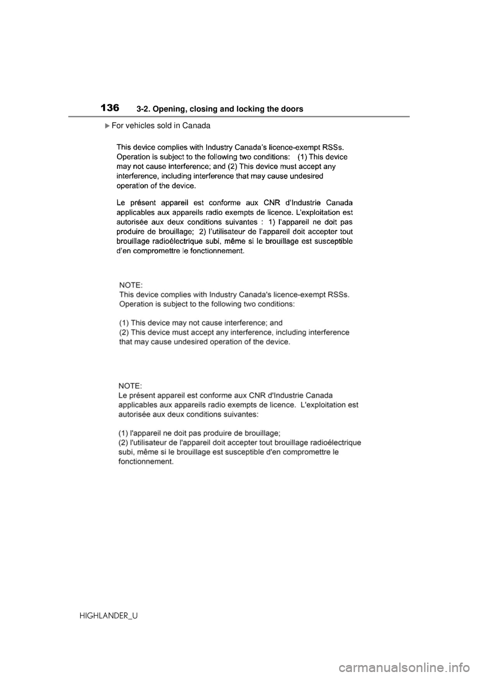 TOYOTA HIGHLANDER 2020 Owners Manual (in English) 1363-2. Opening, closing and locking the doors
HIGHLANDER_U
For vehicles sold in Canada TOYOTA HIGHLANDER 2020 Owners Manual (in English) 1363-2. Opening, closing and locking the doors
HIGHLANDER_U
For vehicles sold in Canada
