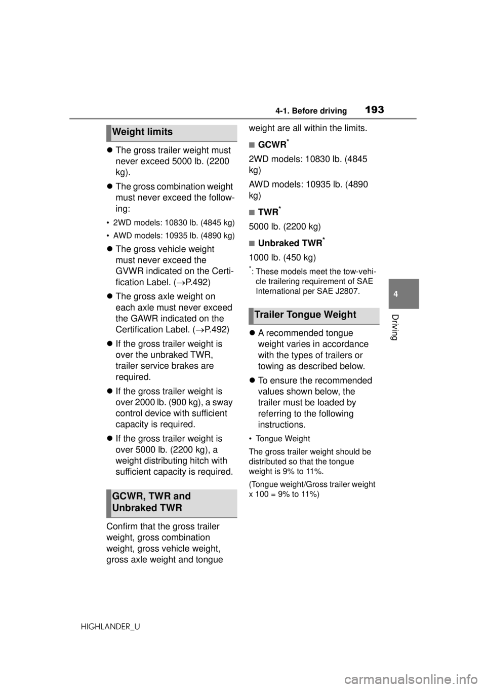 TOYOTA HIGHLANDER 2020  Owners Manual (in English) 1934-1. Before driving
HIGHLANDER_U
4
Driving
 The gross trailer weight must 
never exceed 5000 lb. (2200 
kg).
 The gross combination weight 
must never exceed the follow-
ing:
• 2WD models: 