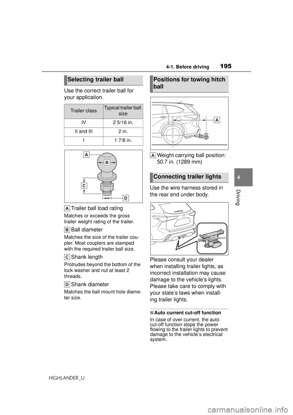TOYOTA HIGHLANDER 2020 Owners Manual (in English) 1954-1. Before driving
HIGHLANDER_U
4
Driving
Use the correct trailer ball for
your application. Trailer ball load rating
Matches or exceeds the gross
trailer weight rating of the trailer.
Ball diam TOYOTA HIGHLANDER 2020 Owners Manual (in English) 1954-1. Before driving
HIGHLANDER_U
4
Driving
Use the correct trailer ball for
your application. Trailer ball load rating
Matches or exceeds the gross
trailer weight rating of the trailer.
Ball diam
