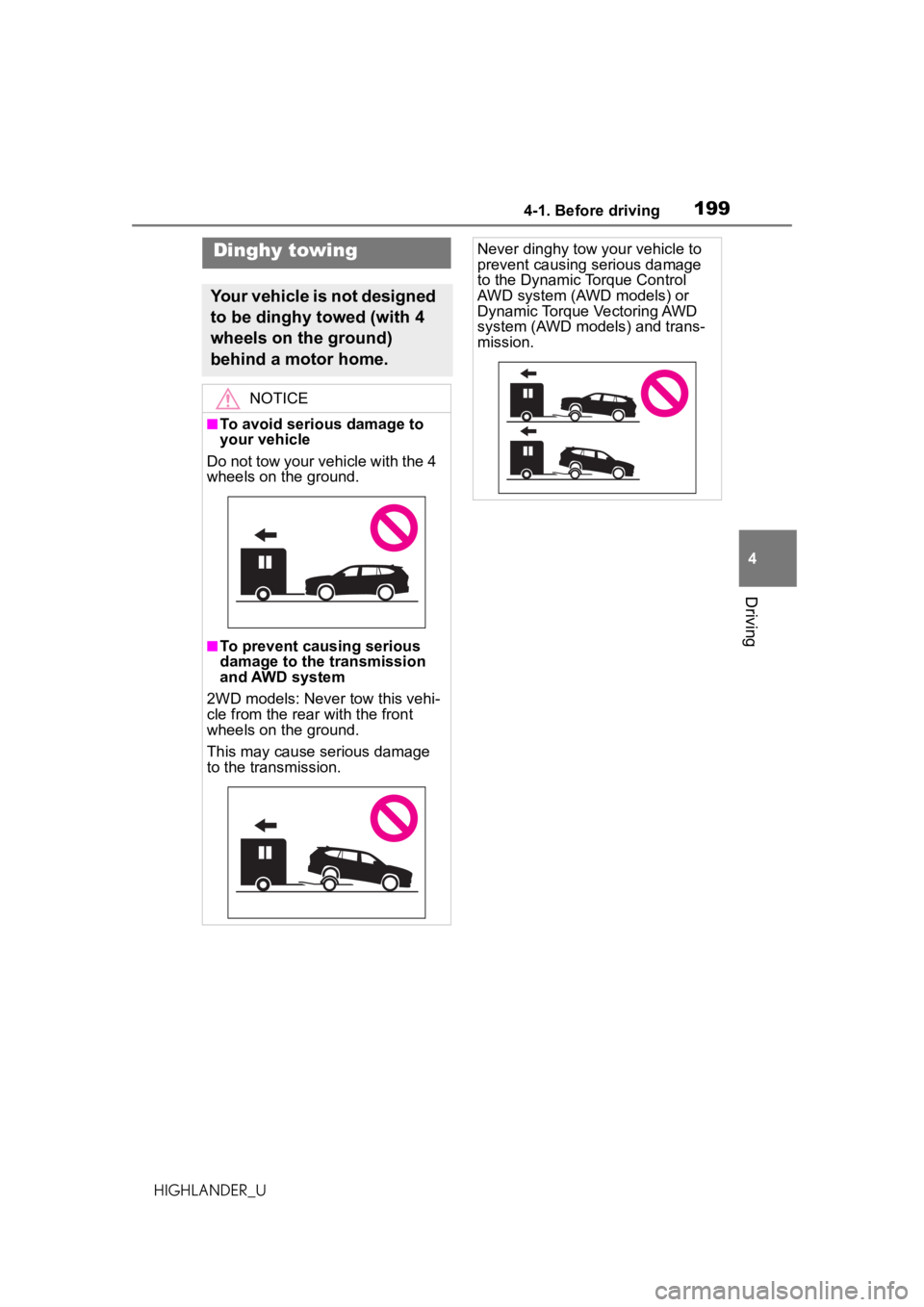 TOYOTA HIGHLANDER 2020 Owners Manual (in English) 1994-1. Before driving
HIGHLANDER_U
4
Driving
Dinghy towing
Your vehicle is not designed
to be dinghy towed (with 4
wheels on the ground)
behind a motor home.
NOTICE
■To avoid serious damage to
TOYOTA HIGHLANDER 2020 Owners Manual (in English) 1994-1. Before driving
HIGHLANDER_U
4
Driving
Dinghy towing
Your vehicle is not designed
to be dinghy towed (with 4
wheels on the ground)
behind a motor home.
NOTICE
■To avoid serious damage to