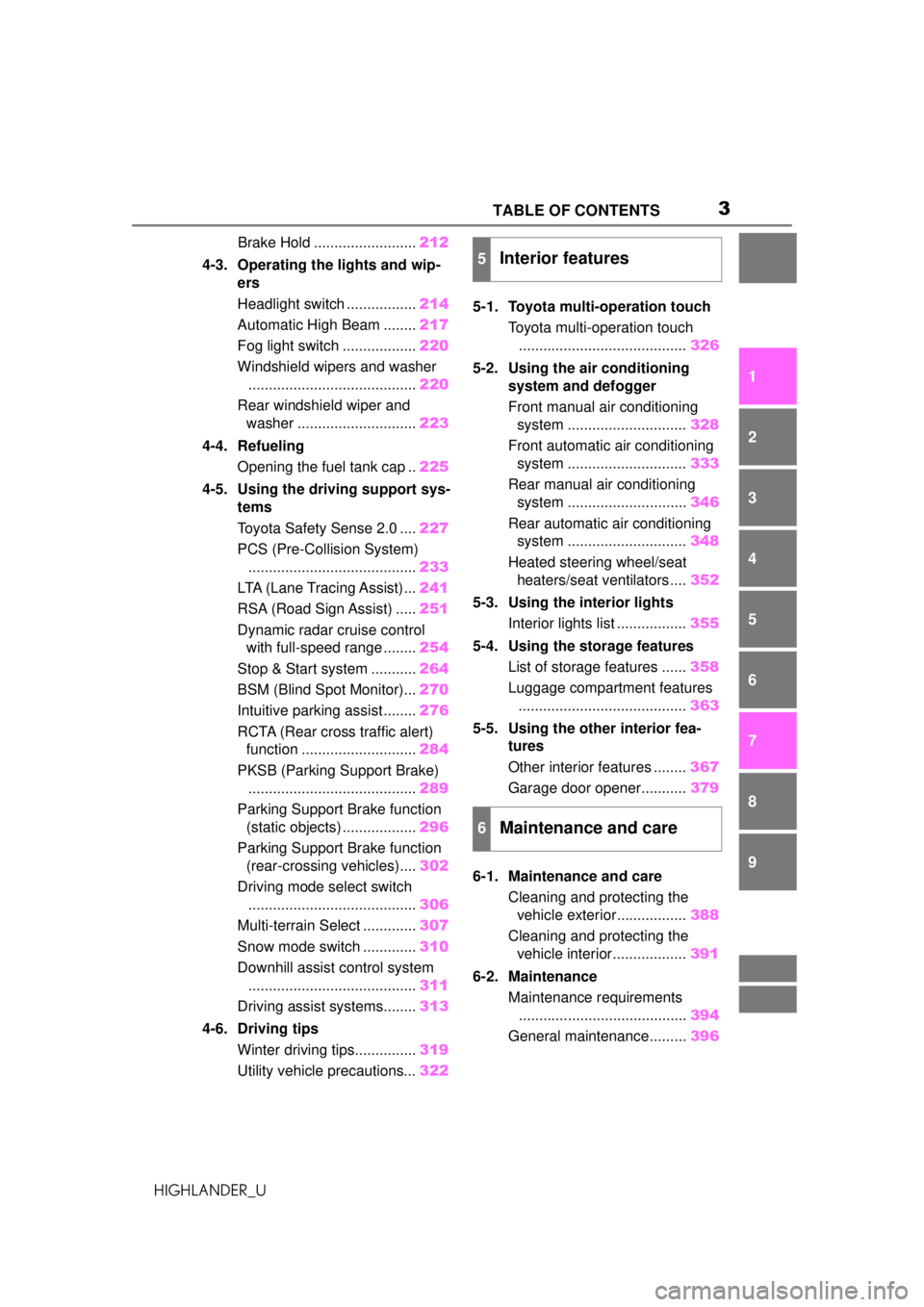 TOYOTA HIGHLANDER 2020  Owners Manual (in English) 3TABLE OF CONTENTS
HIGHLANDER_U
1
2
3
4
5
6
7
8
9
10
Brake Hold ......................... 212
4-3. Operating the lights and wip- ers
Headlight switch ................. 214
Automatic High Beam ........