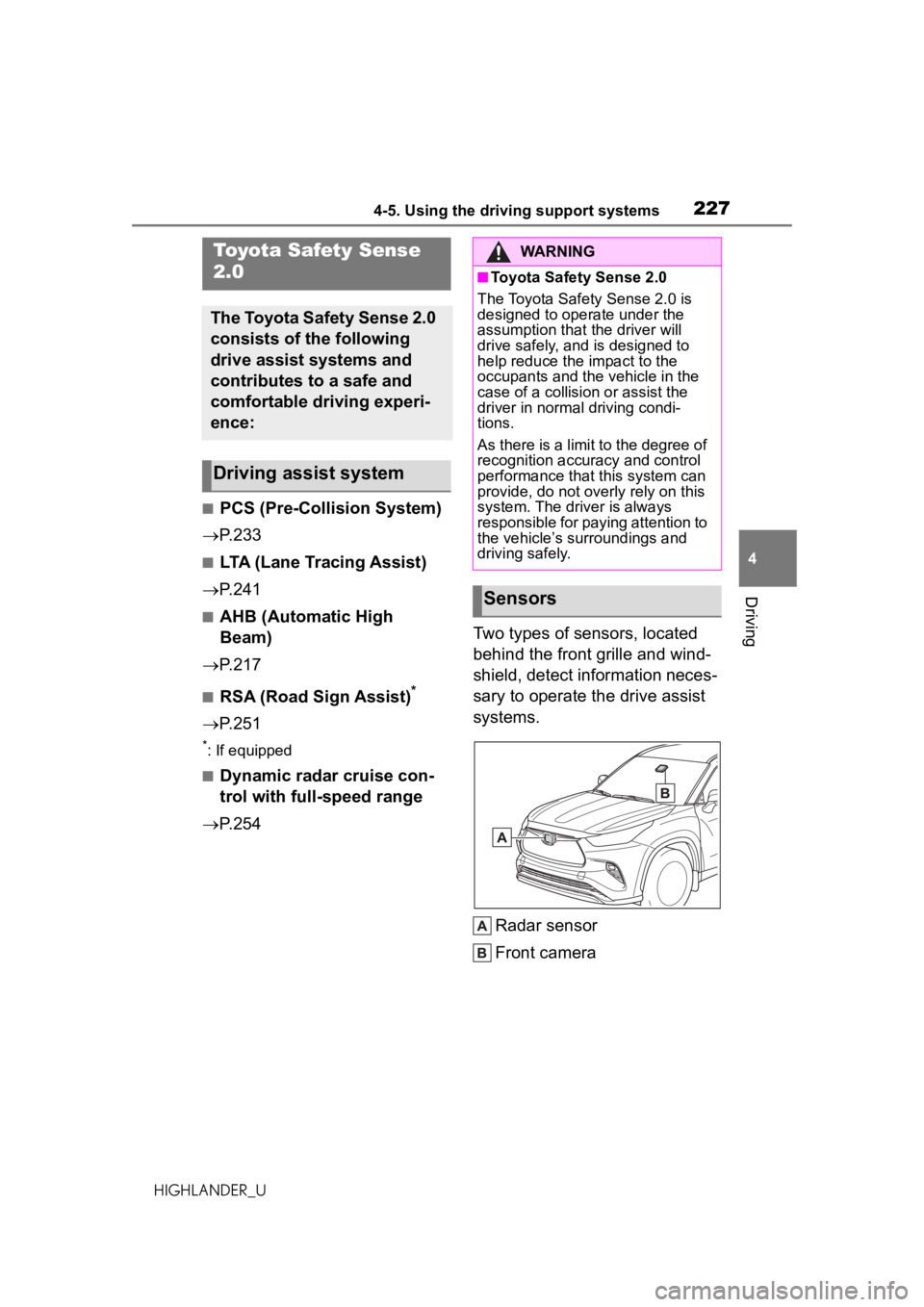 TOYOTA HIGHLANDER 2020 Owners Manual (in English) 2274-5. Using the driving support systems
HIGHLANDER_U
4
Driving
4-5.Using the driving support systems
■PCS (Pre-Collision System)
P.233
■LTA (Lane Tracing Assist)
P.241
■AHB (Automatic TOYOTA HIGHLANDER 2020 Owners Manual (in English) 2274-5. Using the driving support systems
HIGHLANDER_U
4
Driving
4-5.Using the driving support systems
■PCS (Pre-Collision System)
P.233
■LTA (Lane Tracing Assist)
P.241
■AHB (Automatic