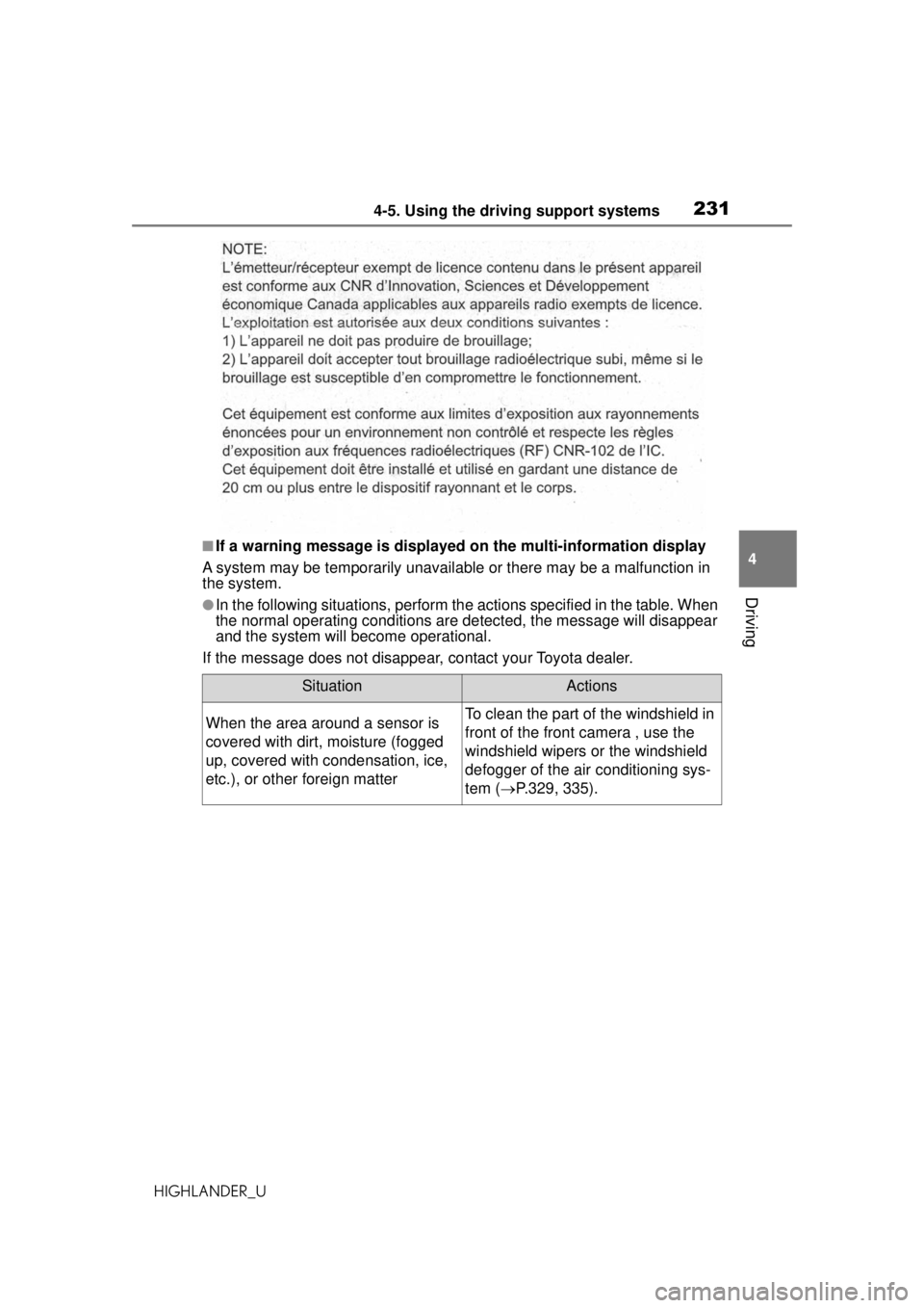 TOYOTA HIGHLANDER 2020 Owners Manual (in English) 2314-5. Using the driving support systems
HIGHLANDER_U
4
Driving
■If a warning message is displayed on the multi-information display
A system may be temporarily unavailable or there may be a malfunc TOYOTA HIGHLANDER 2020 Owners Manual (in English) 2314-5. Using the driving support systems
HIGHLANDER_U
4
Driving
■If a warning message is displayed on the multi-information display
A system may be temporarily unavailable or there may be a malfunc