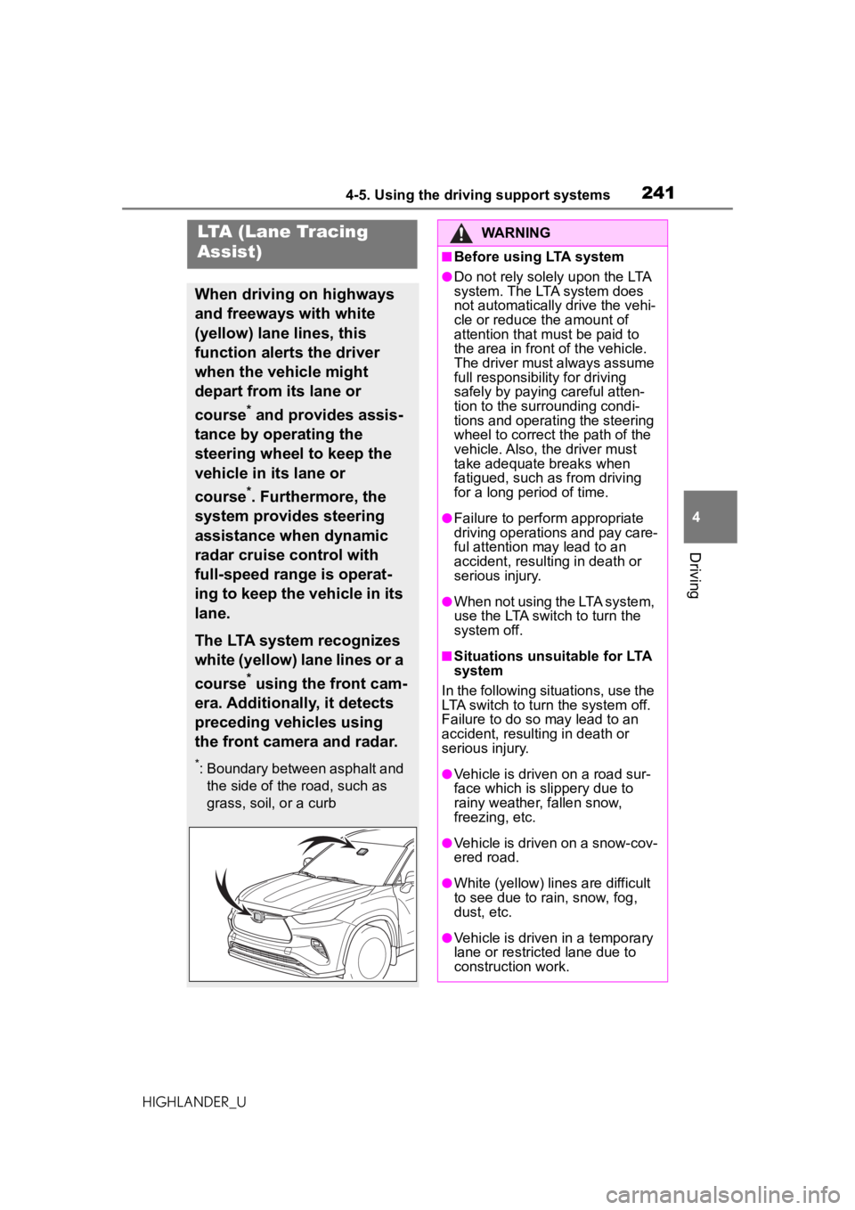 TOYOTA HIGHLANDER 2020 Owners Manual (in English) 2414-5. Using the driving support systems
HIGHLANDER_U
4
Driving
LTA (Lane Tracing
Assist)
When driving on highways
and freeways with white
(yellow) lane lines, this
function alerts the driver
wh TOYOTA HIGHLANDER 2020 Owners Manual (in English) 2414-5. Using the driving support systems
HIGHLANDER_U
4
Driving
LTA (Lane Tracing
Assist)
When driving on highways
and freeways with white
(yellow) lane lines, this
function alerts the driver
wh